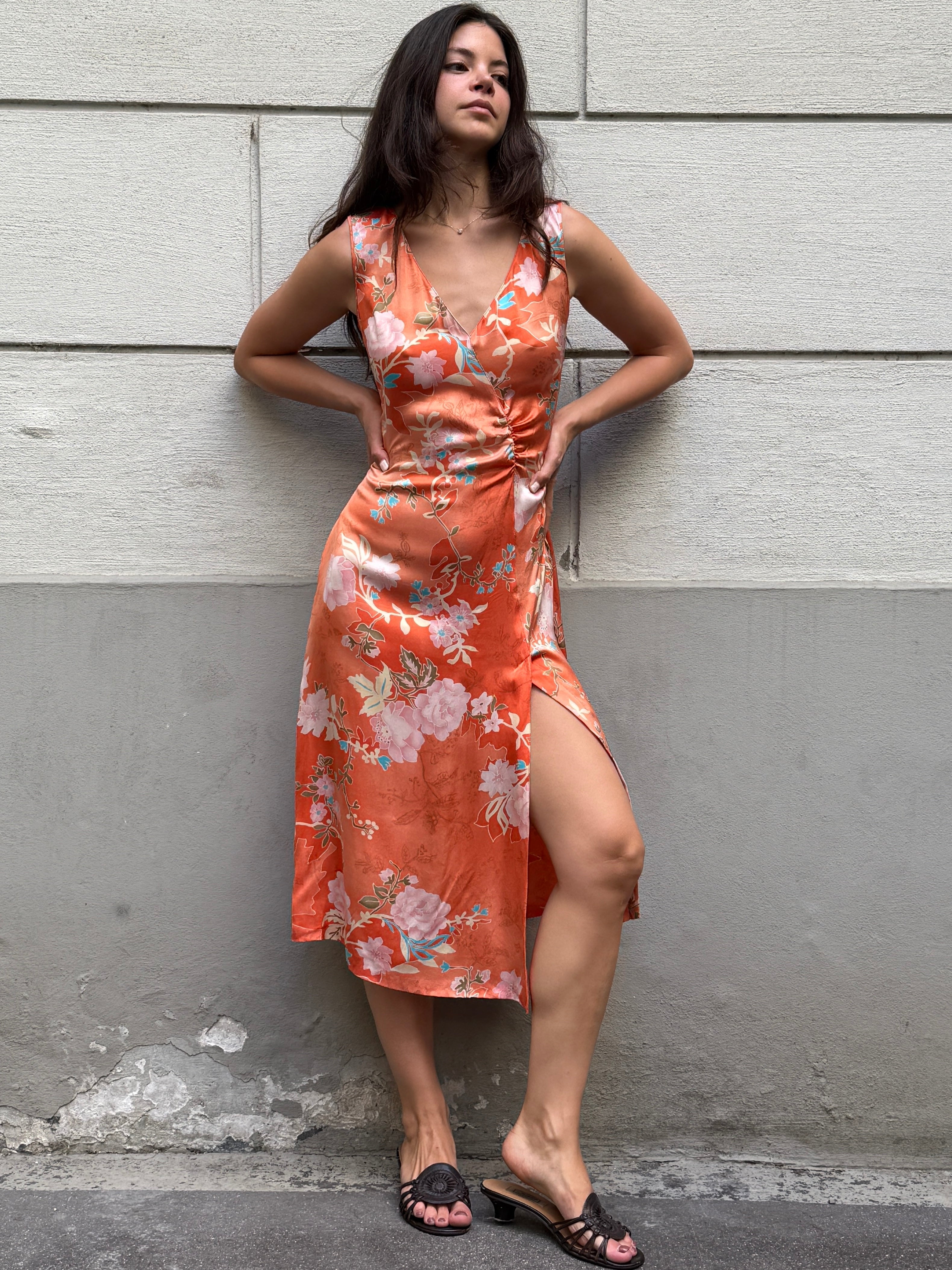 Vintage Y2K 100% Silk Printed Midi Dress M