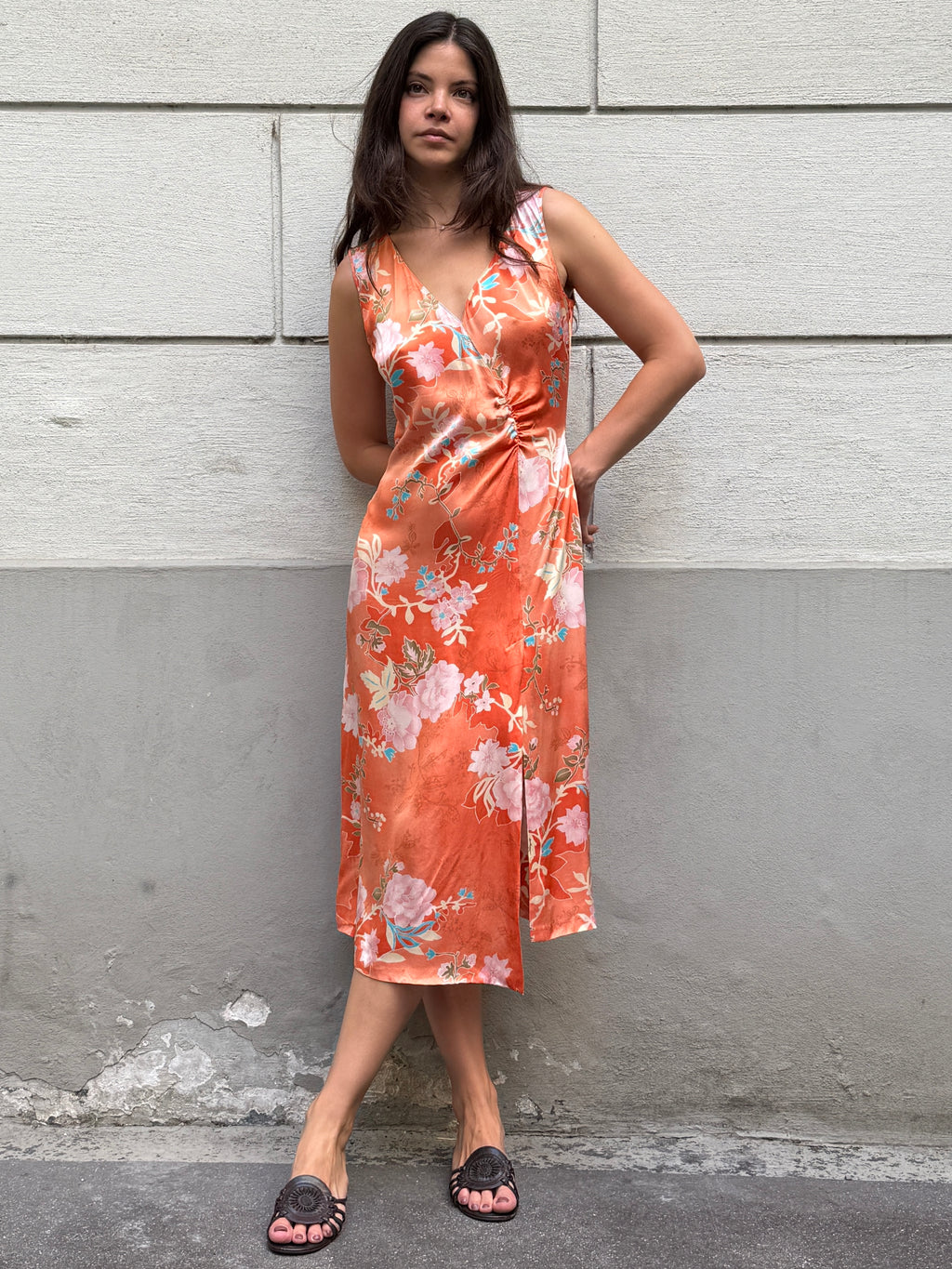 Vintage Y2K 100% Silk Printed Midi Dress M