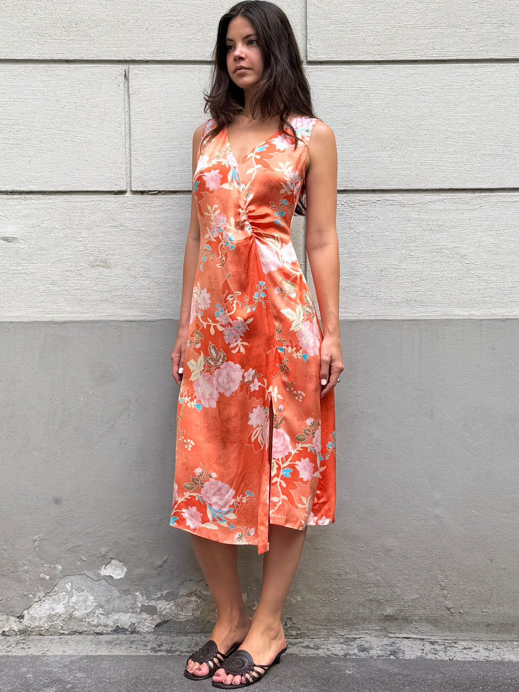 Vintage Y2K 100% Silk Printed Midi Dress M