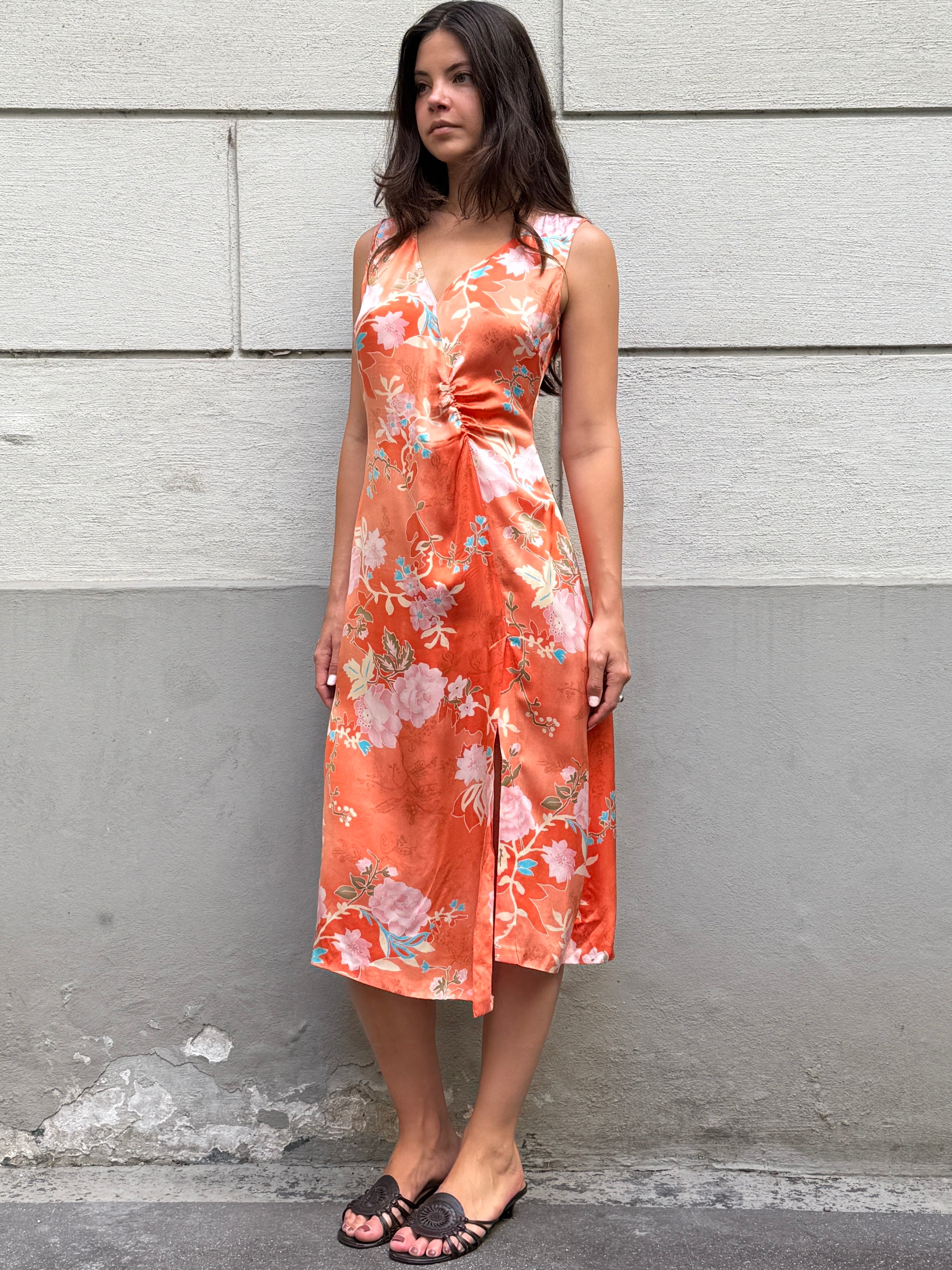 Vintage Y2K 100% Silk Printed Midi Dress M