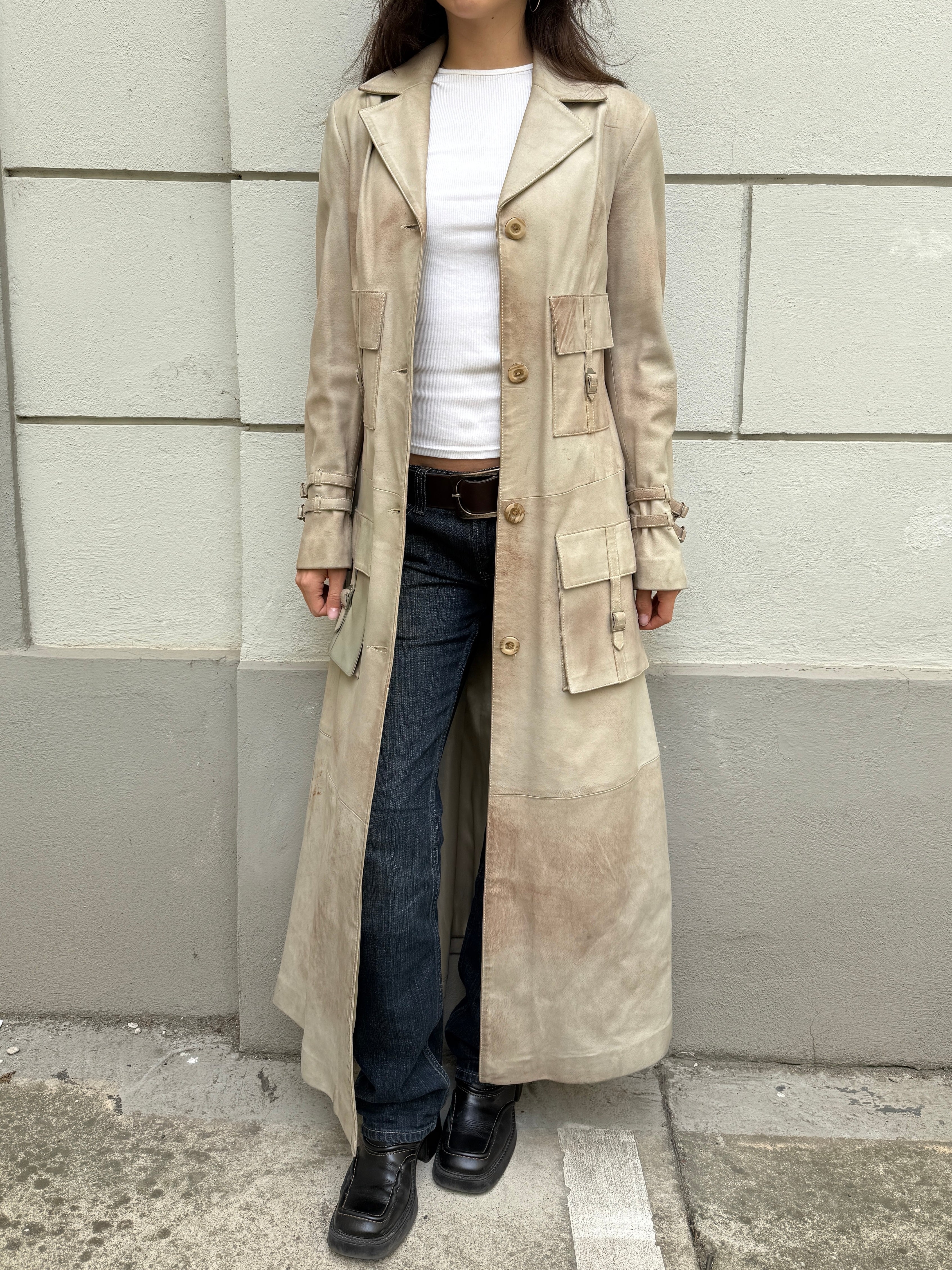 Vintage Y2K 100% Genuine Leather Cream Maxi Coat M