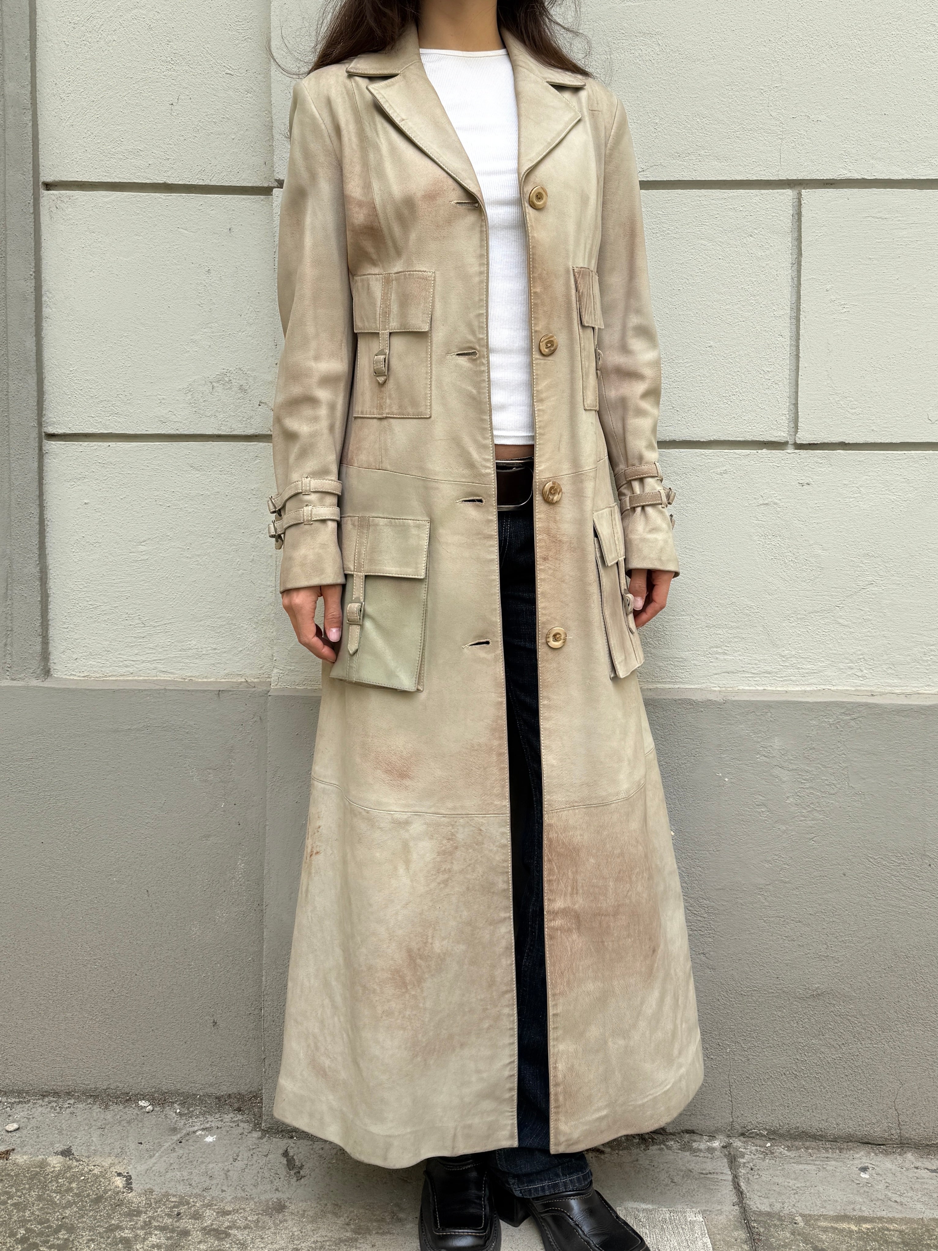 Vintage Y2K 100% Genuine Leather Cream Maxi Coat M