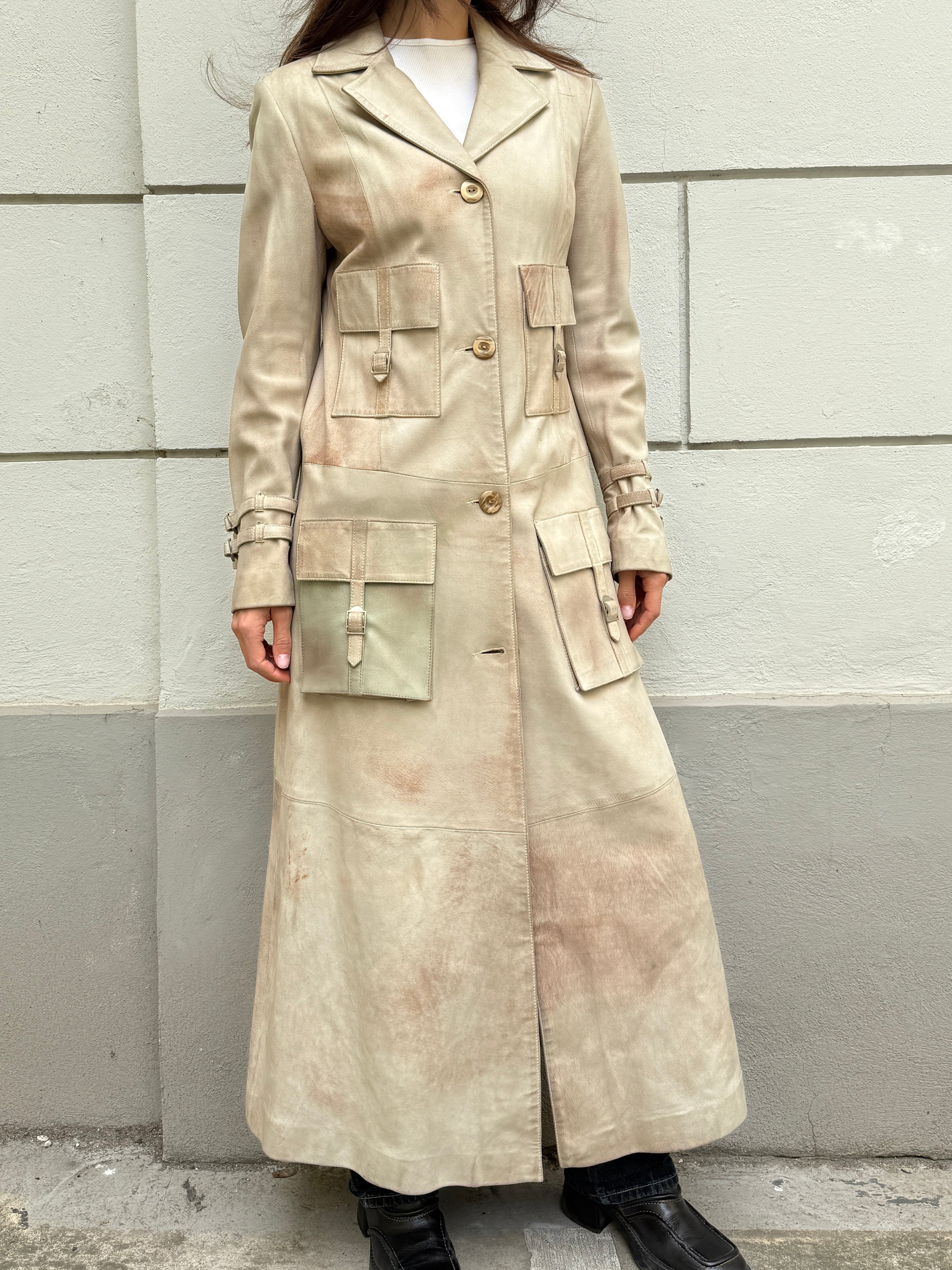 Vintage Y2K 100% Genuine Leather Cream Maxi Coat M