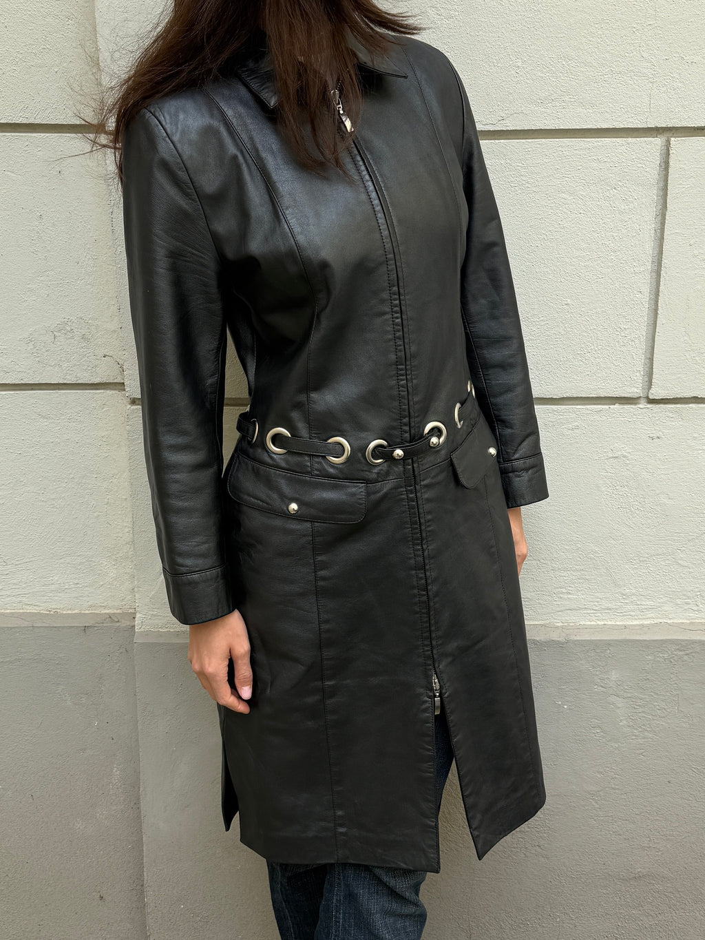 Vintage Y2K 100% Genuine Leather Black Silver Ring Belt Coat L