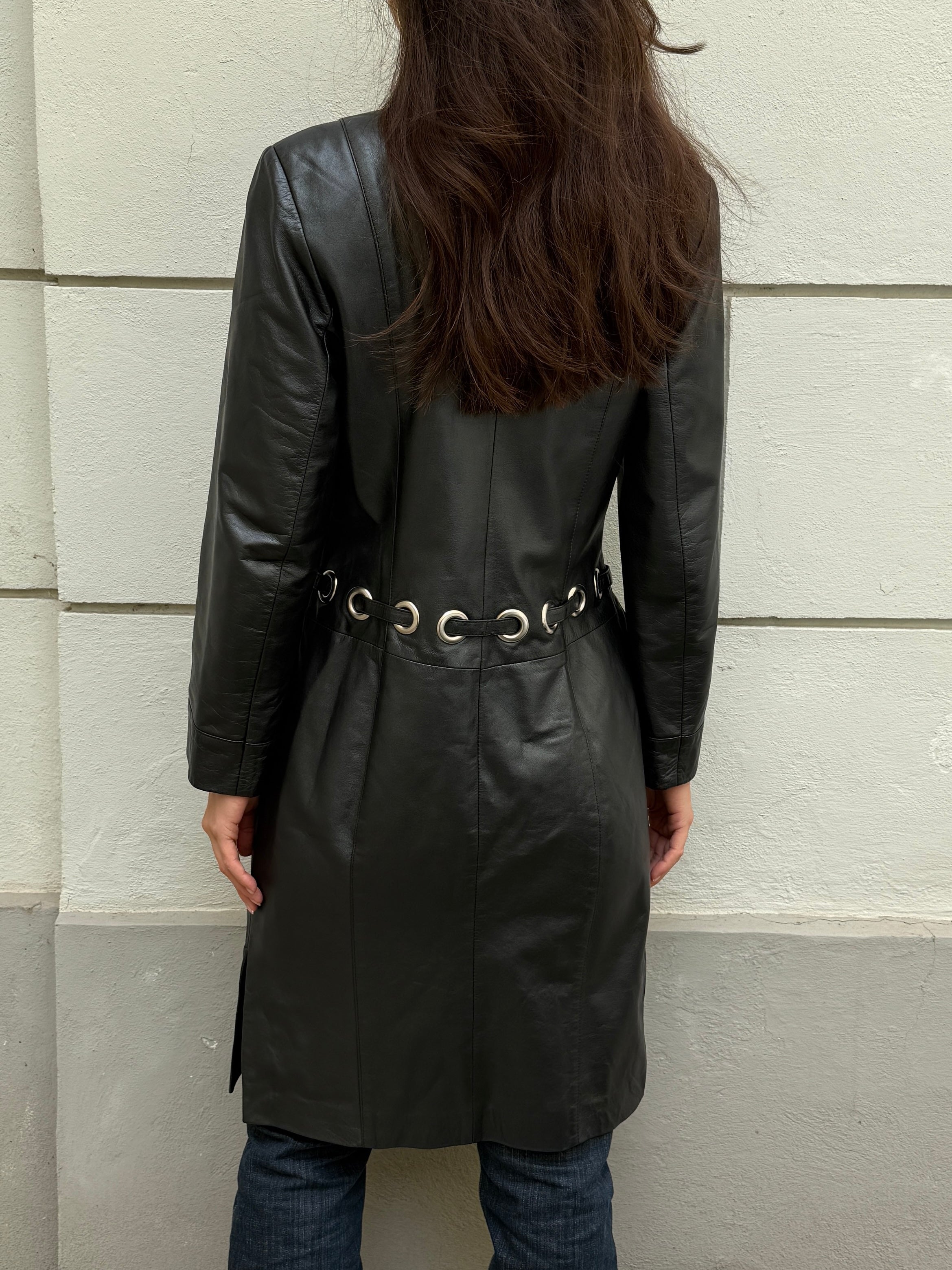 Vintage Y2K 100% Genuine Leather Black Silver Ring Belt Coat L