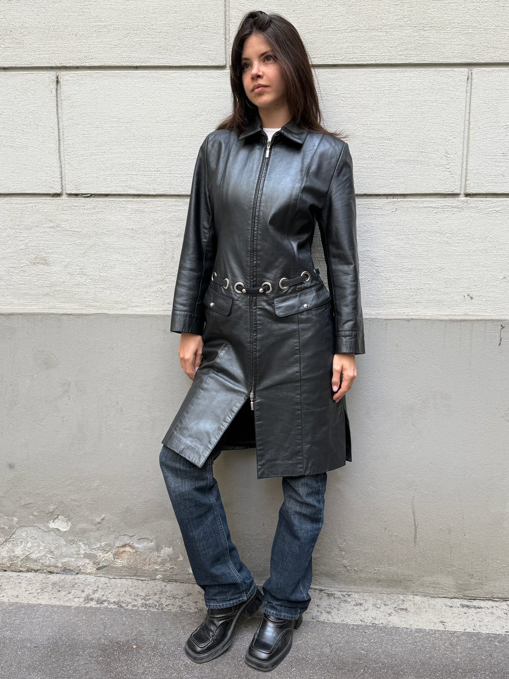 Vintage Y2K 100% Genuine Leather Black Silver Ring Belt Coat L