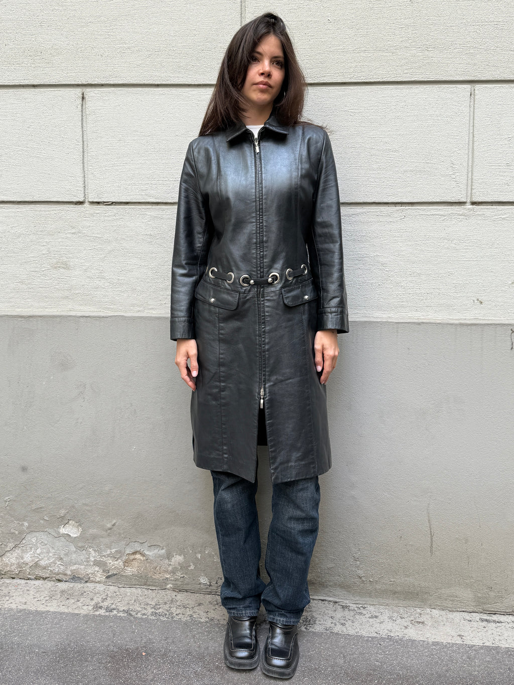 Vintage Y2K 100% Genuine Leather Black Silver Ring Belt Coat L