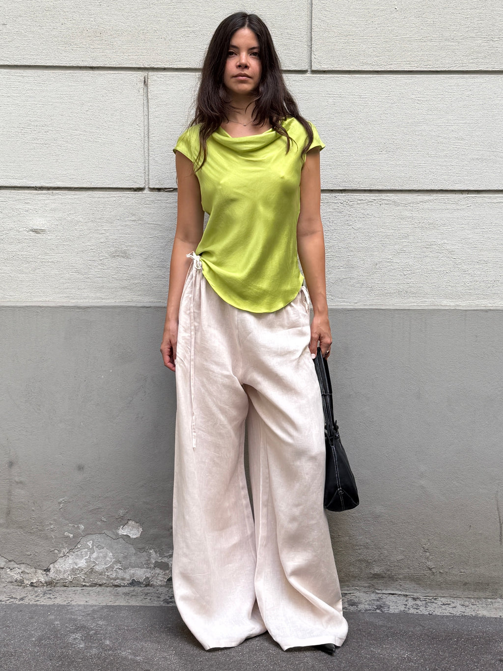 Handmade 100% Linen Wide Leg Cream Side Tie Trousers