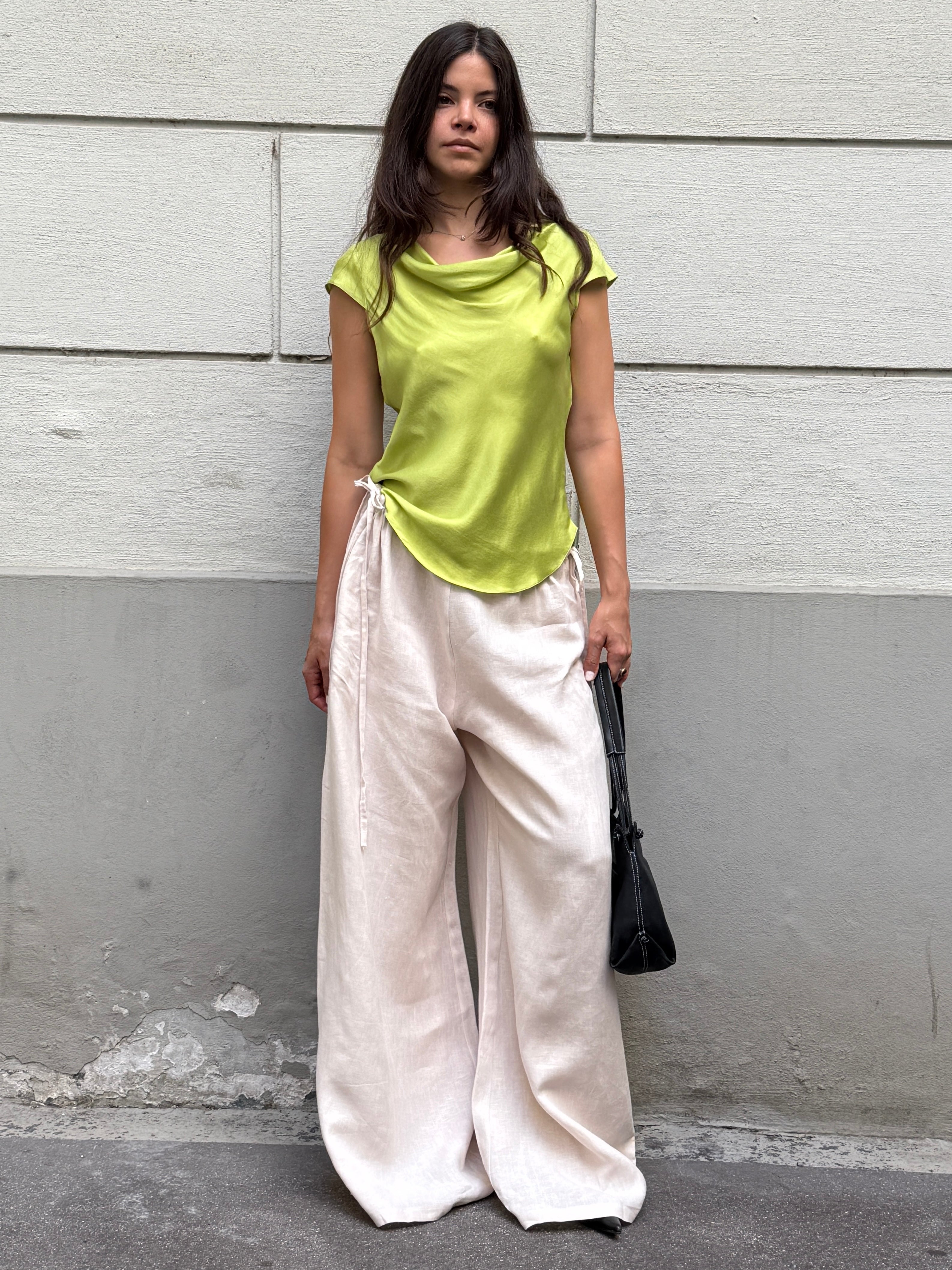 Handmade 100% Linen Wide Leg Cream Side Tie Trousers