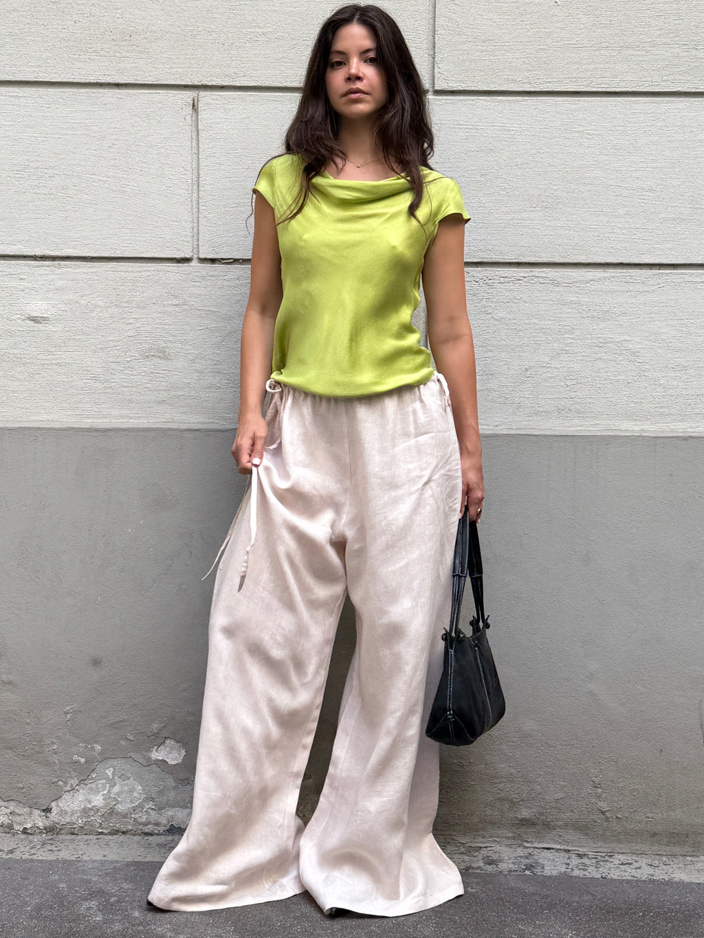 Handmade 100% Linen Wide Leg Cream Side Tie Trousers