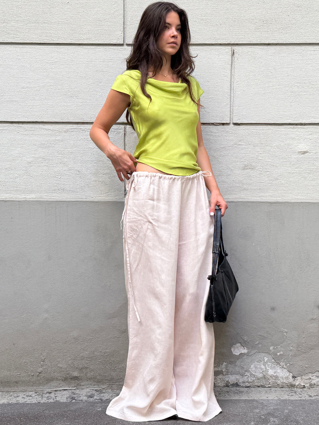 Handmade 100% Linen Wide Leg Cream Side Tie Trousers