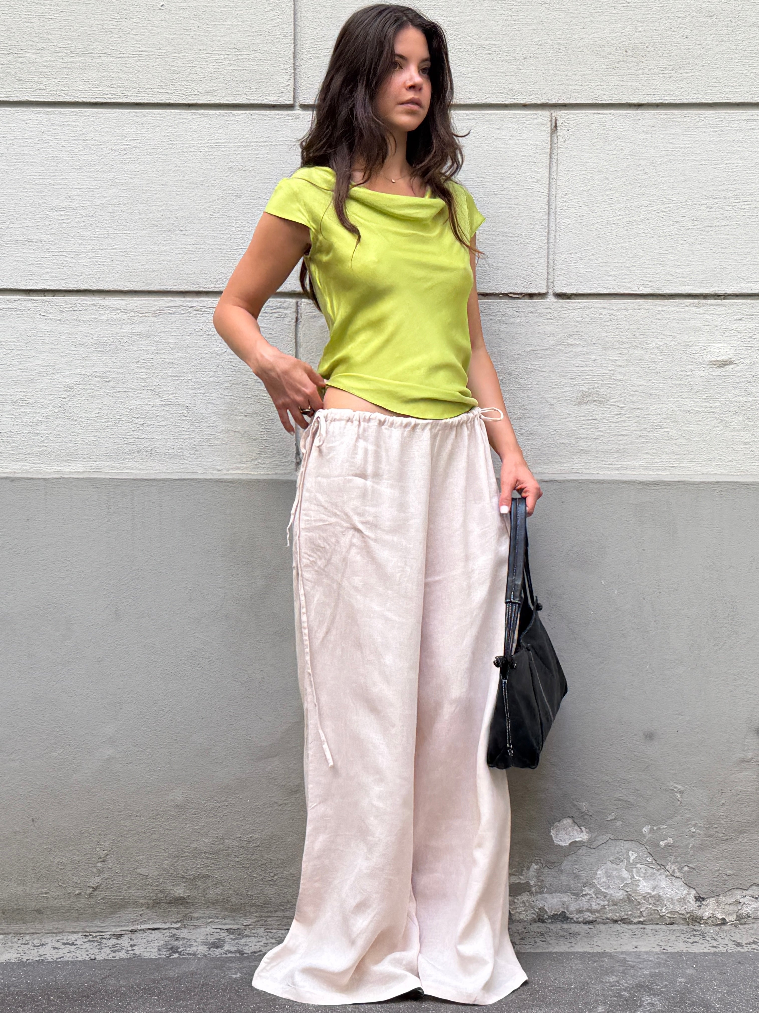 Handmade 100% Linen Wide Leg Cream Side Tie Trousers