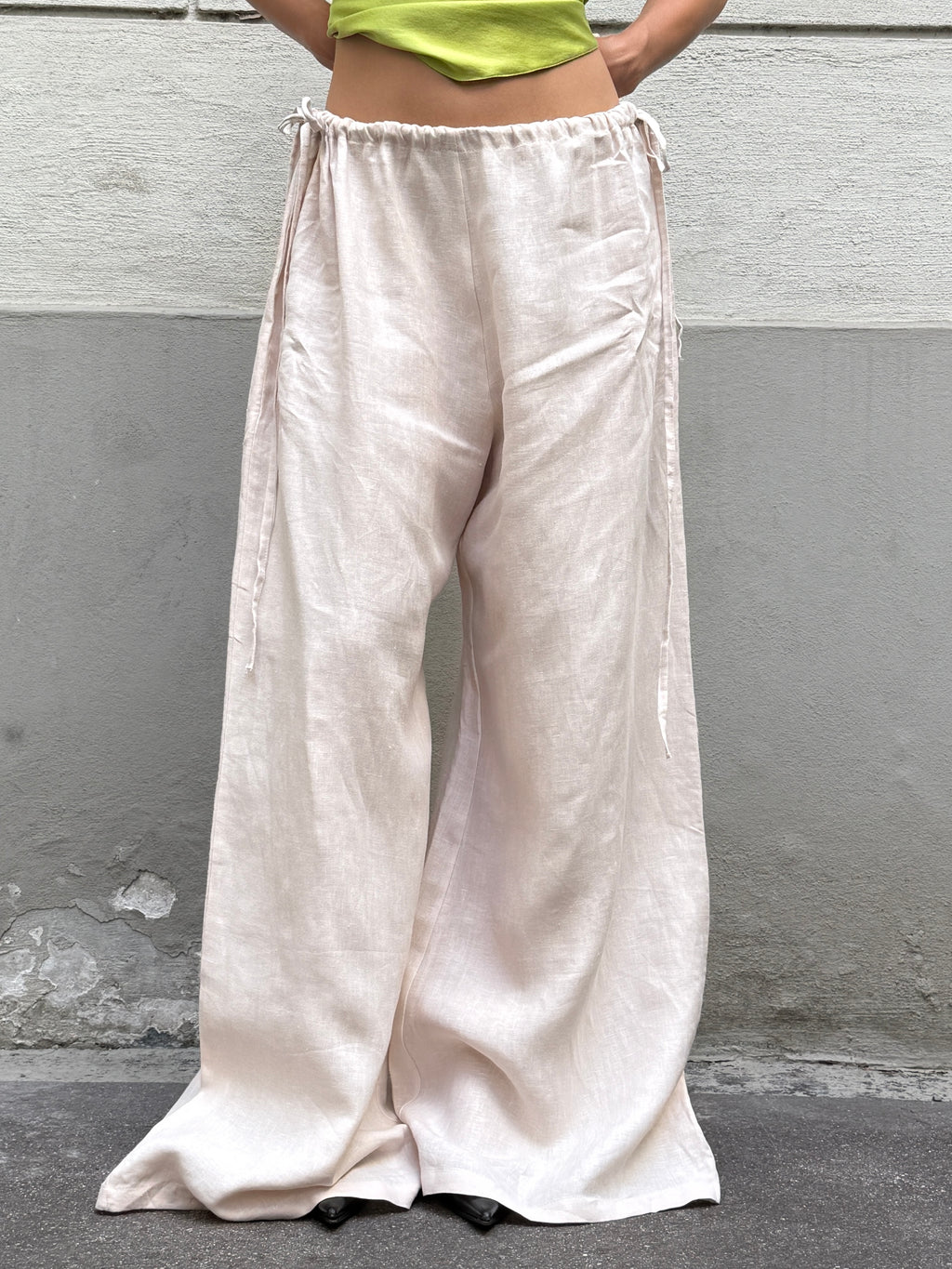 Handmade 100% Linen Wide Leg Cream Side Tie Trousers