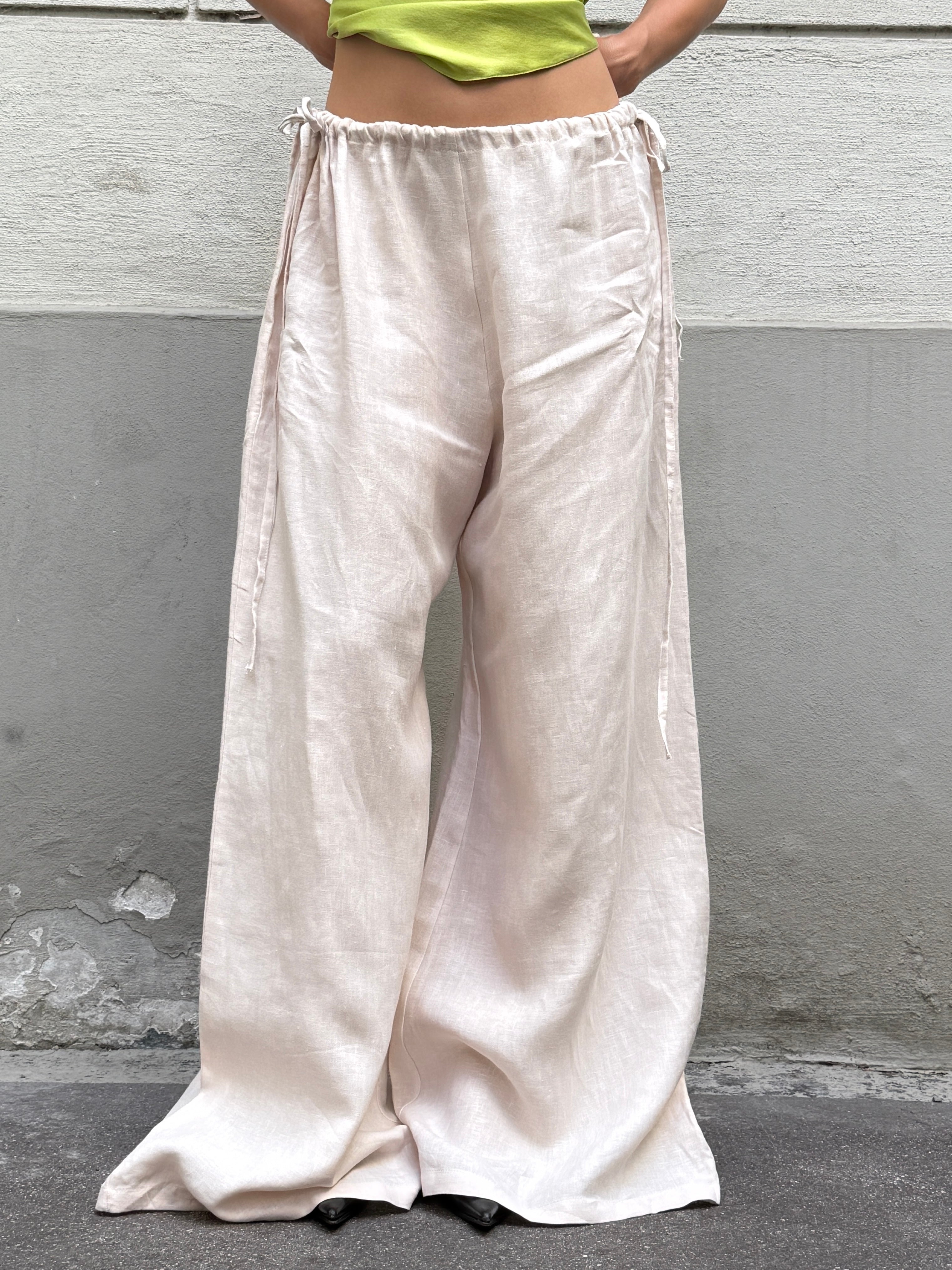 Handmade 100% Linen Wide Leg Cream Side Tie Trousers