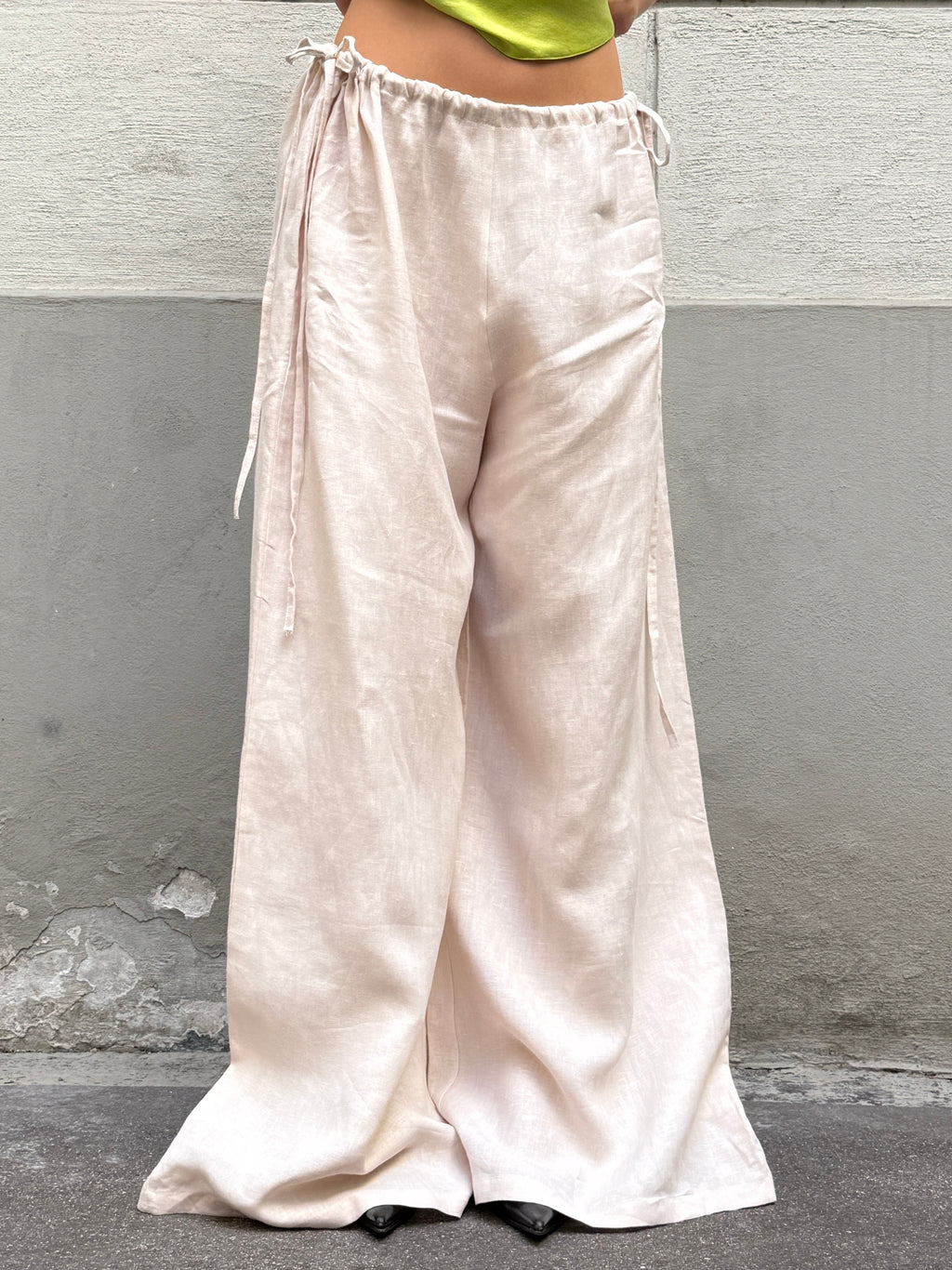 Handmade 100% Linen Wide Leg Cream Side Tie Trousers