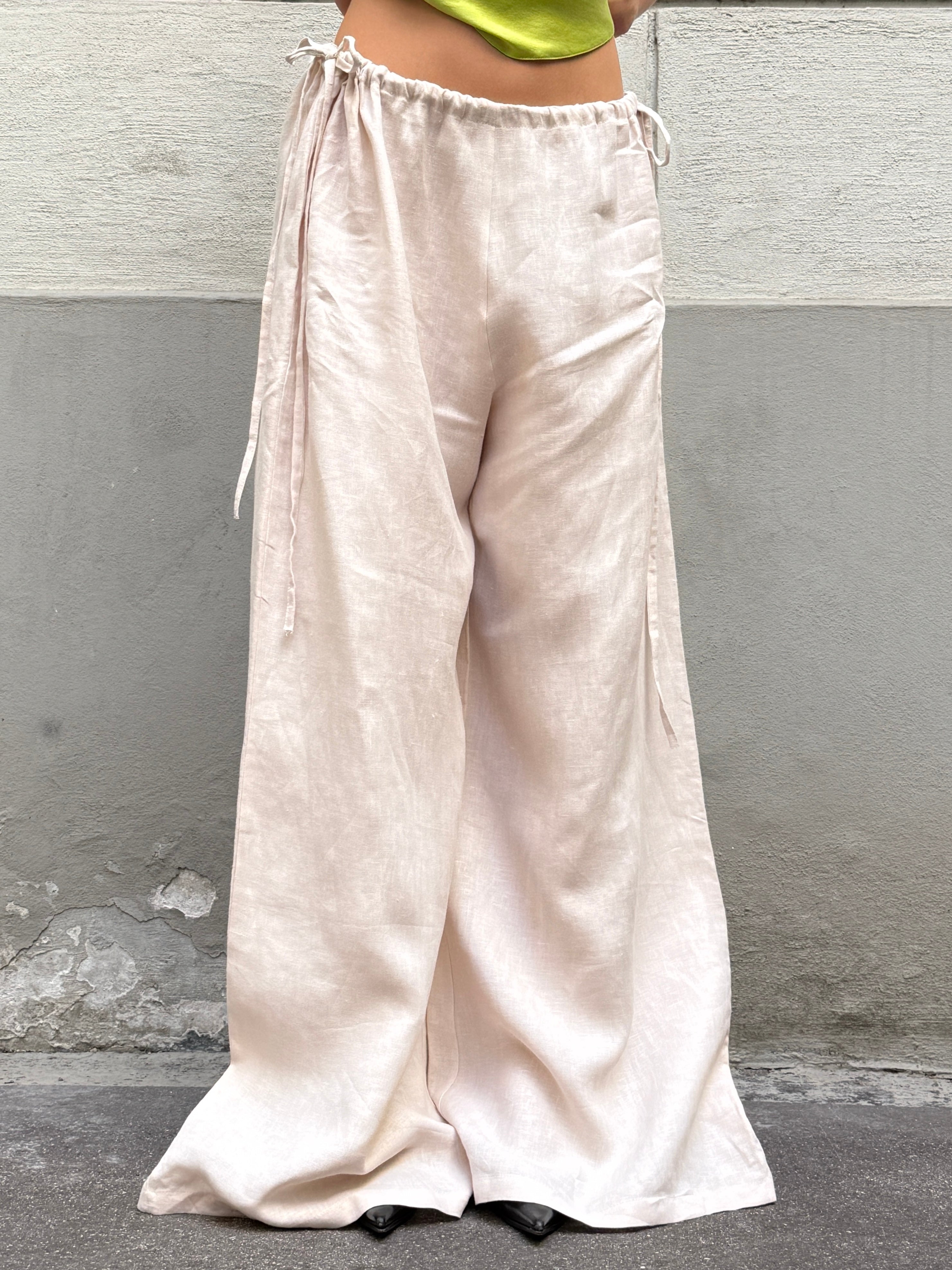 Handmade 100% Linen Wide Leg Cream Side Tie Trousers