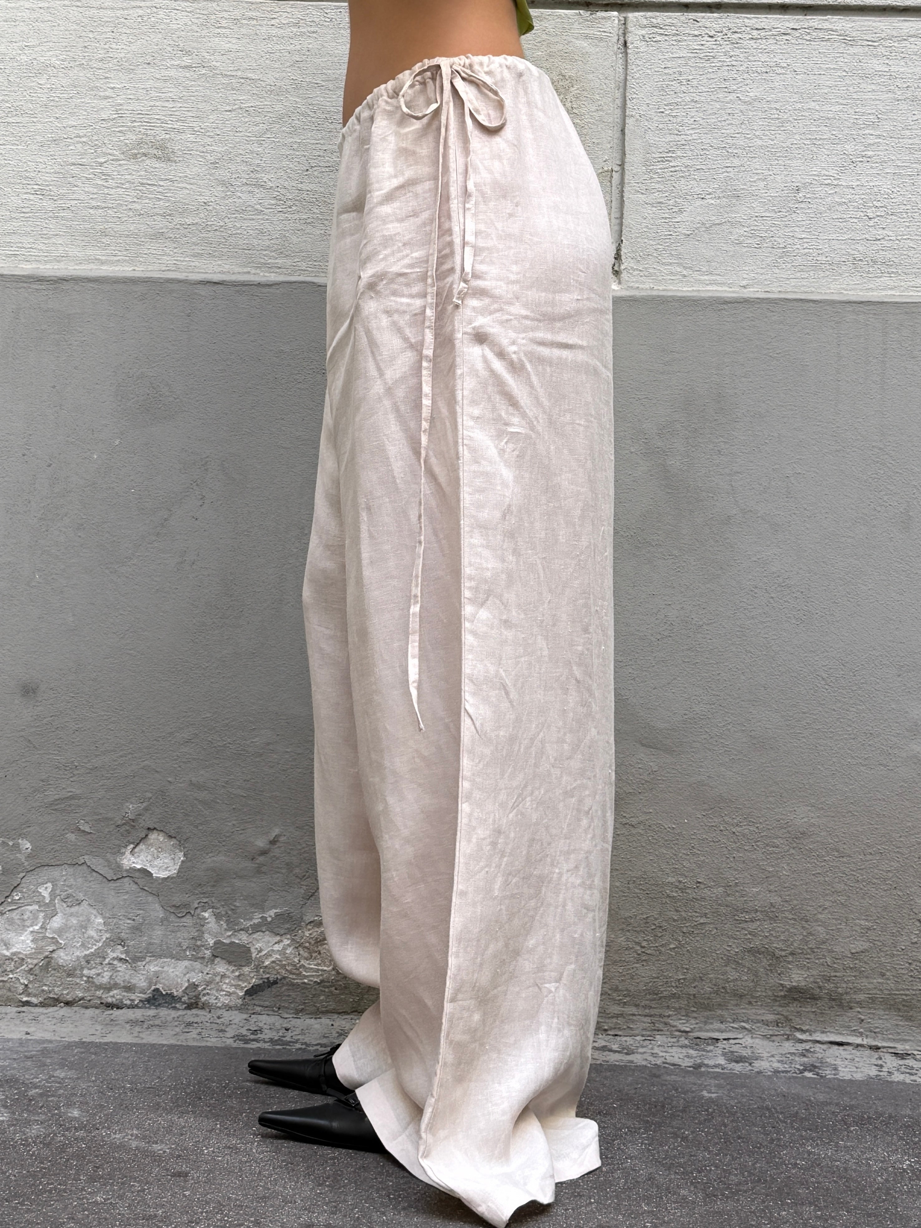 Handmade 100% Linen Wide Leg Cream Side Tie Trousers