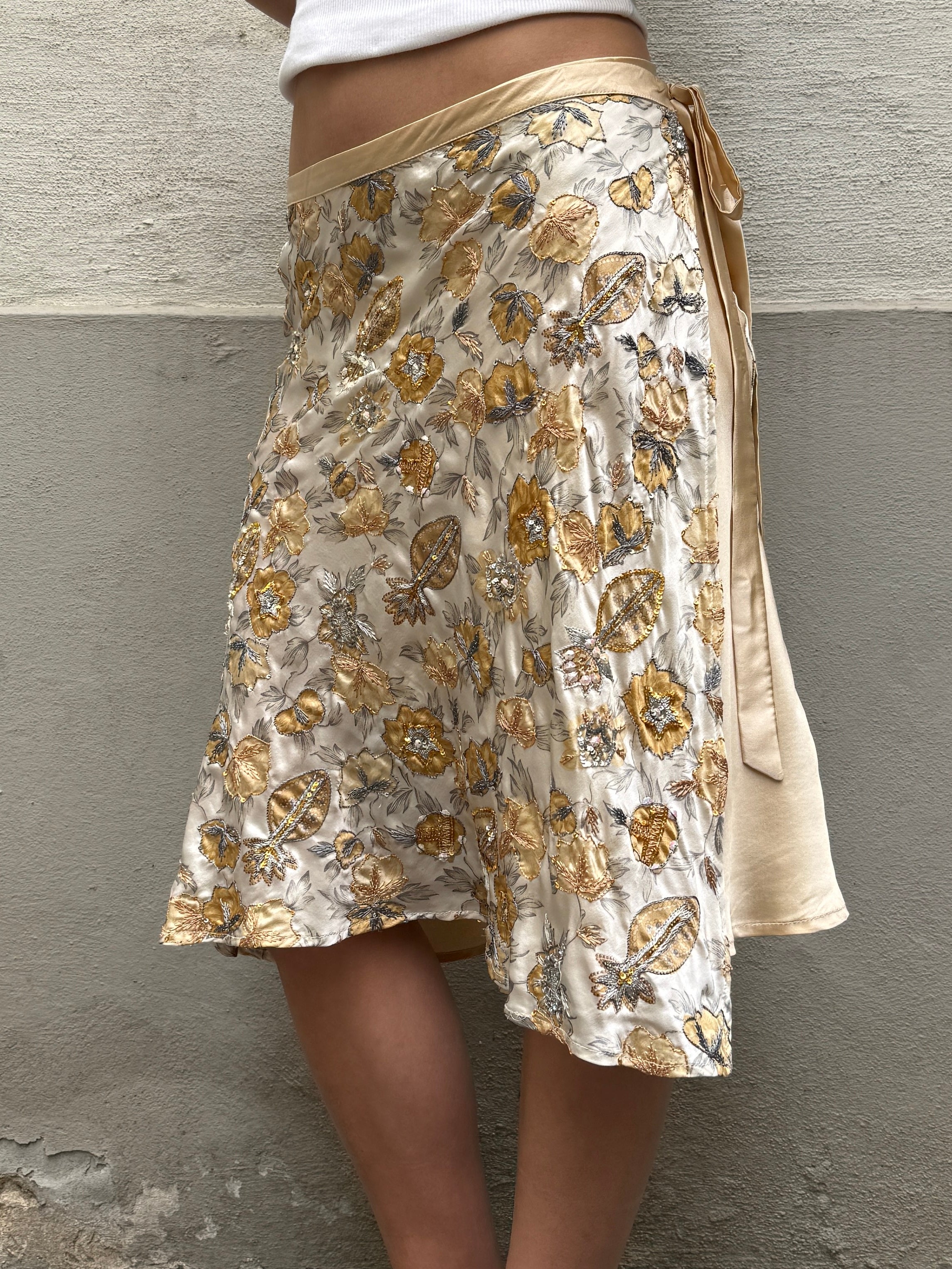 Vintage Twinset 100% Silk Wrap Beaded Print Skirt M