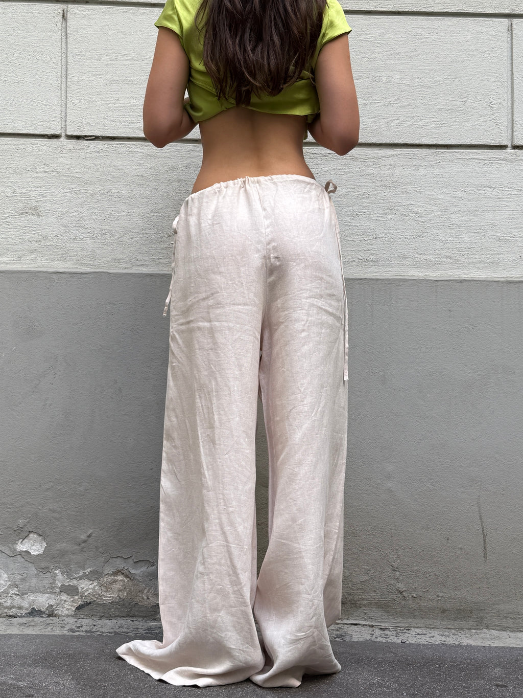Handmade 100% Linen Wide Leg Cream Side Tie Trousers