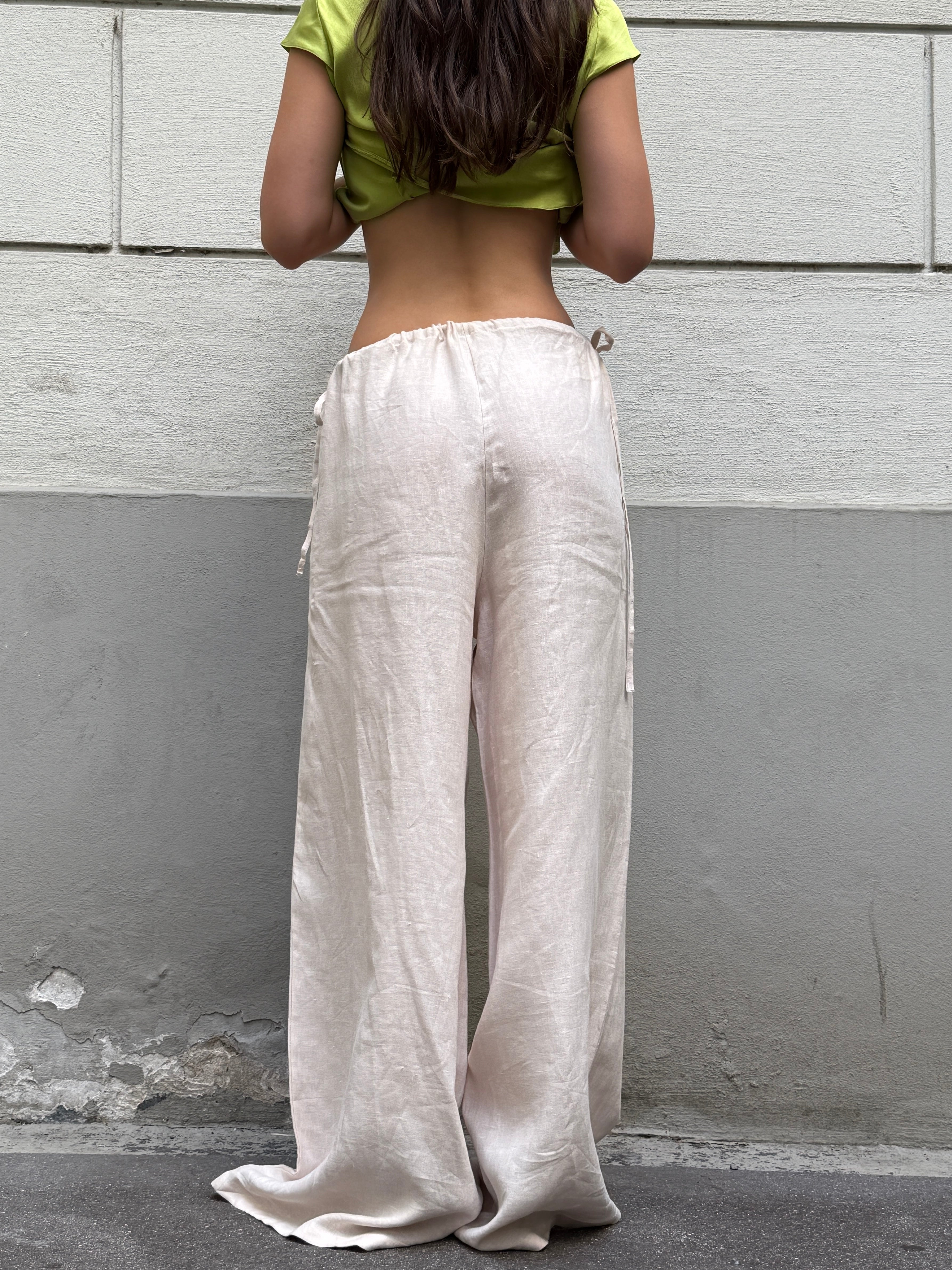Handmade 100% Linen Wide Leg Cream Side Tie Trousers