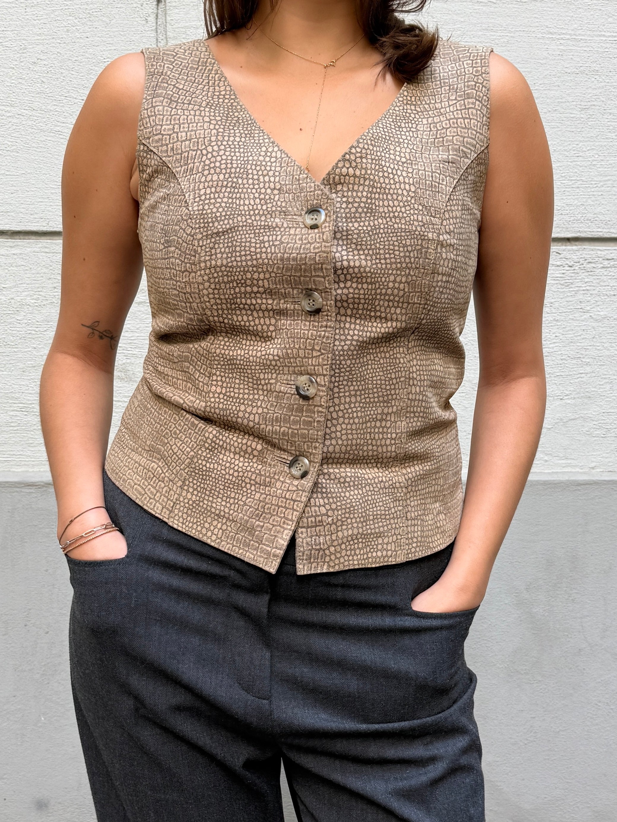 Vintage 90's 100% Genuine Leather Taupe Vest Top M
