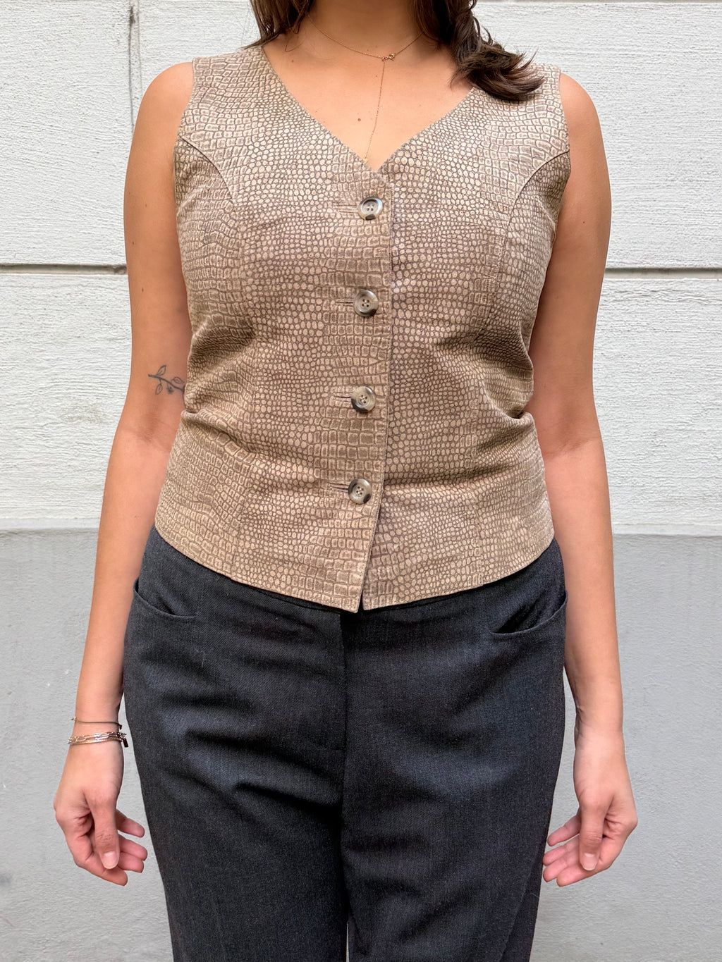 Vintage 90's 100% Genuine Leather Taupe Vest Top M
