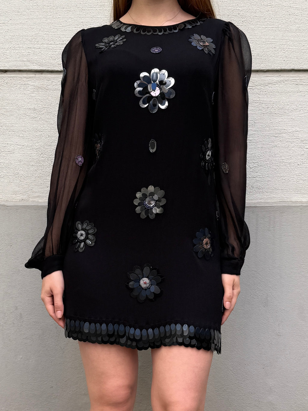 Vintage 100% Silk Sequin/Beaded Mini Dress S/Petite