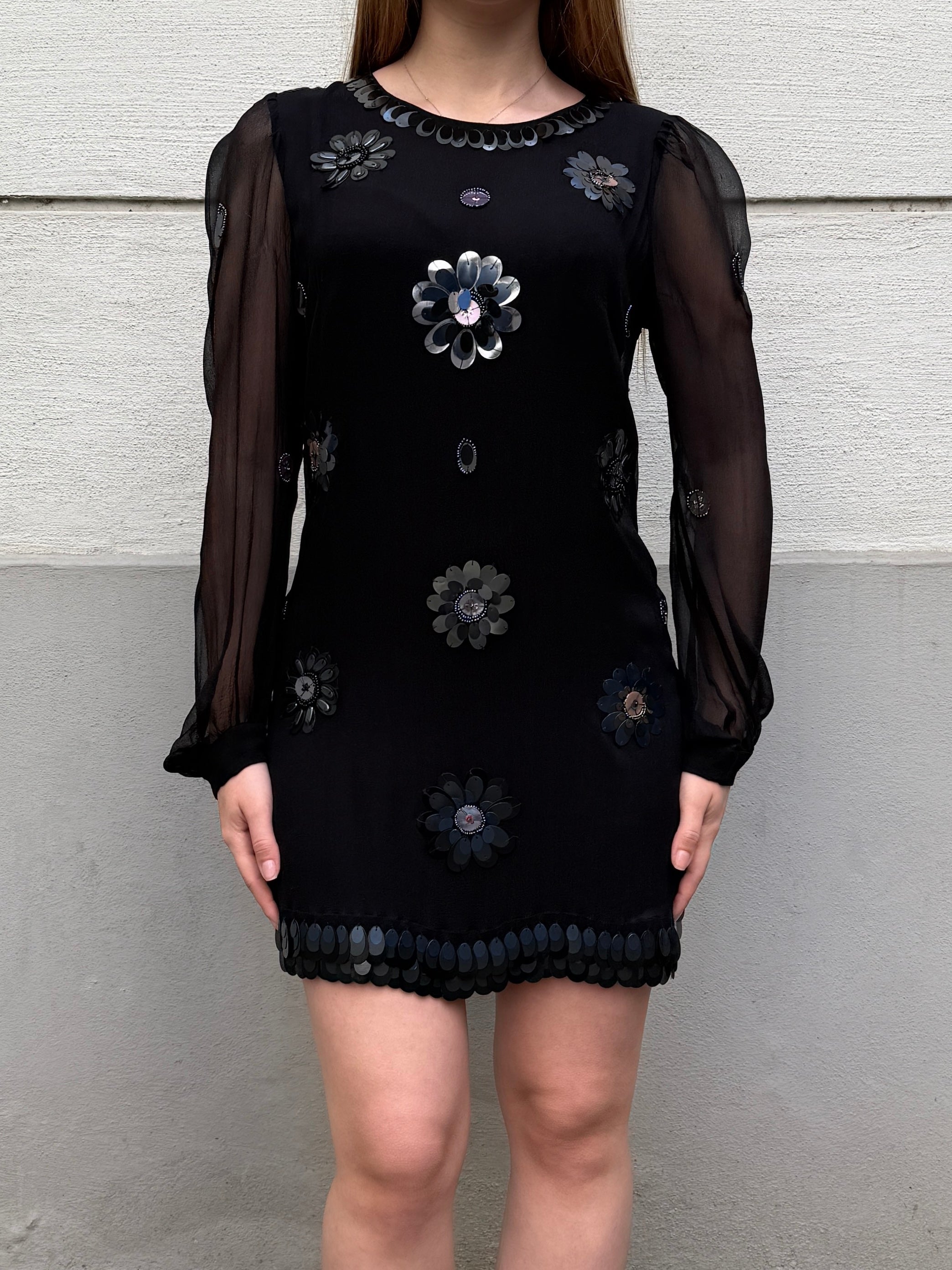 Vintage 100% Silk Sequin/Beaded Mini Dress S/Petite