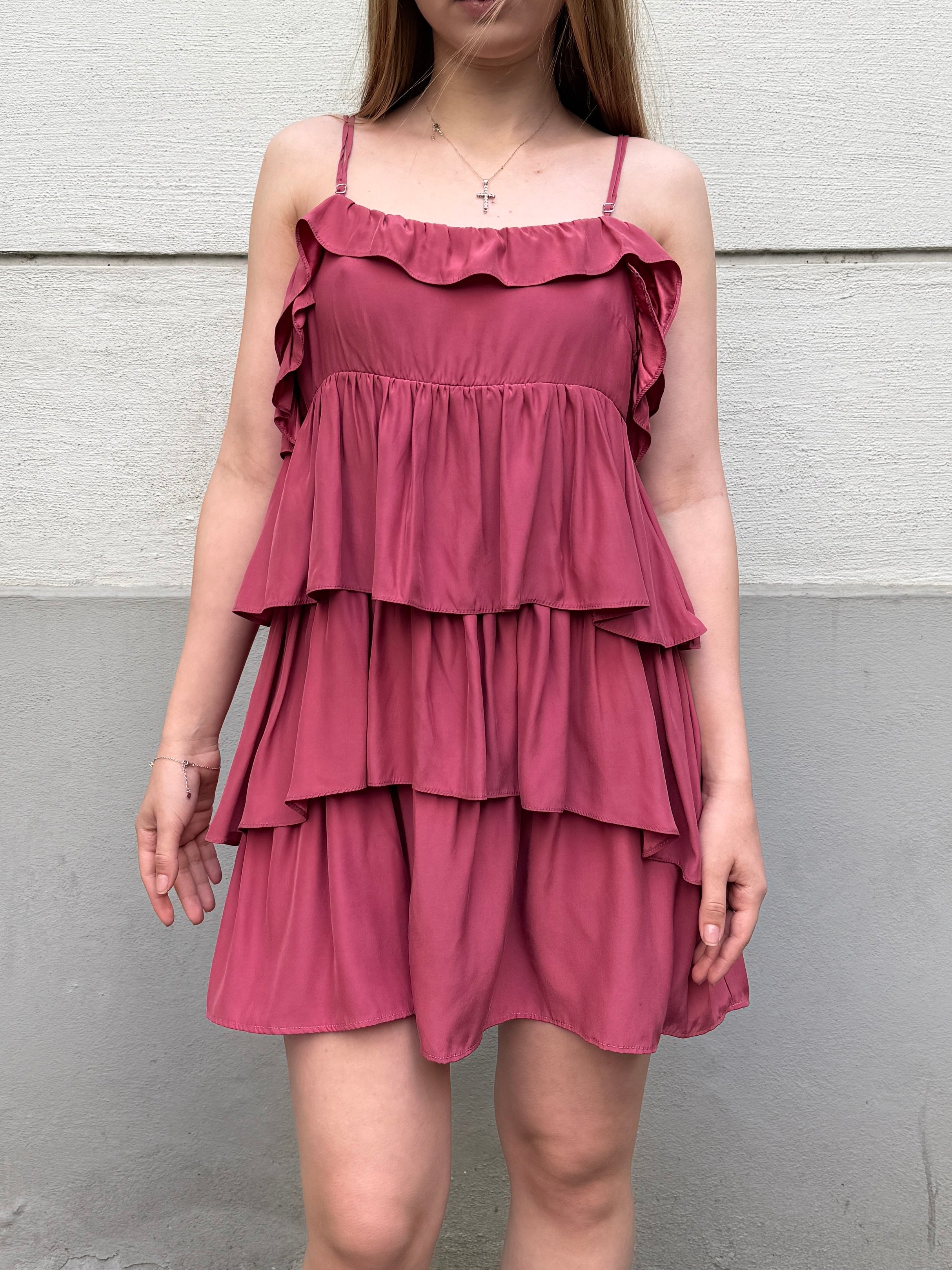Sandro 100% Silk Pink Ruffle Mini Dress S/Petite
