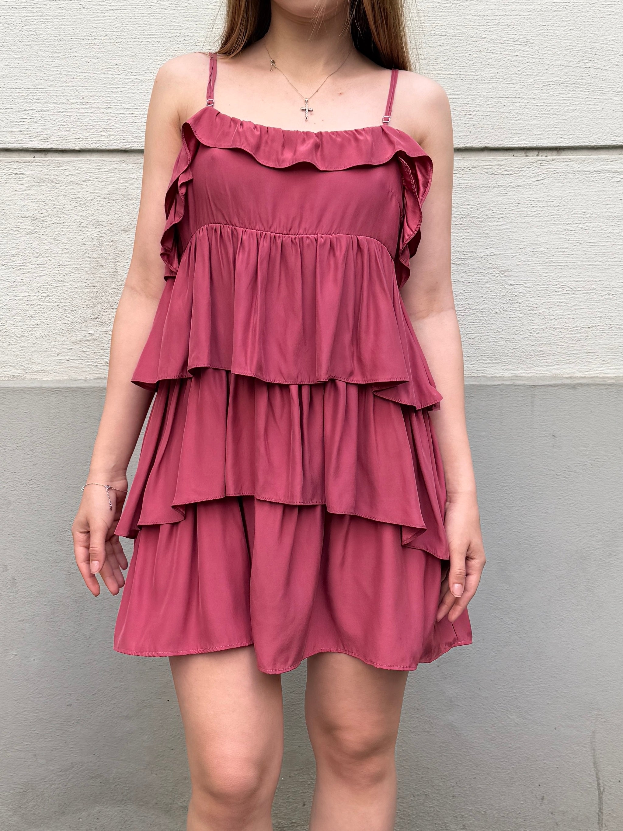 Sandro 100% Silk Pink Ruffle Mini Dress S/Petite