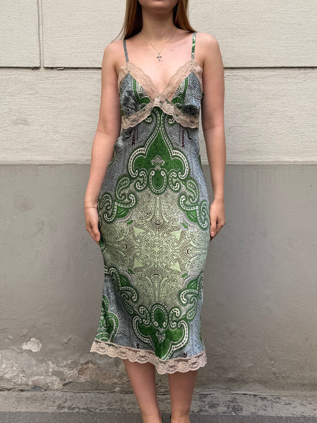Vintage Y2K 100% Silk Paisley Lace Trim Midi Dress S/Petite