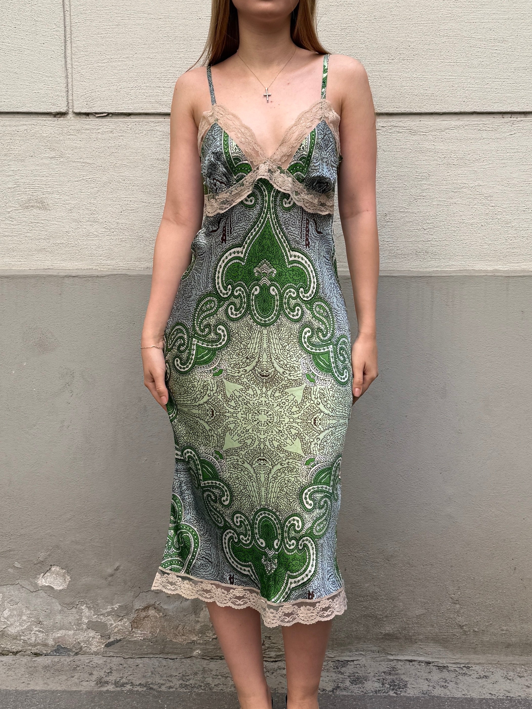 Vintage Y2K 100% Silk Paisley Lace Trim Midi Dress S/Petite