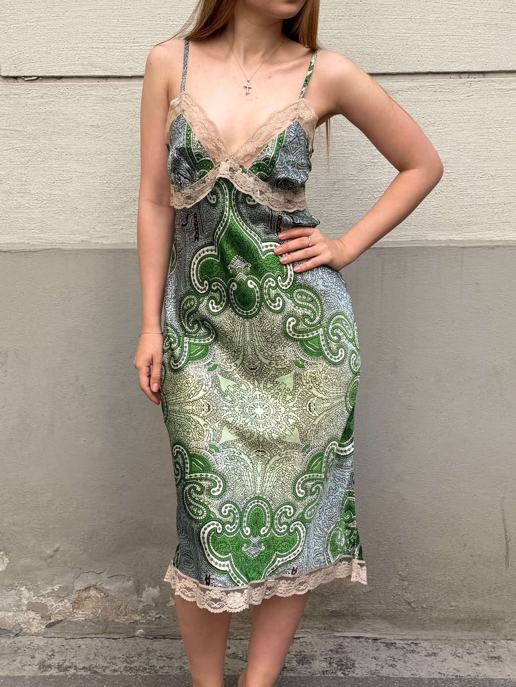 Vintage Y2K 100% Silk Paisley Lace Trim Midi Dress S/Petite