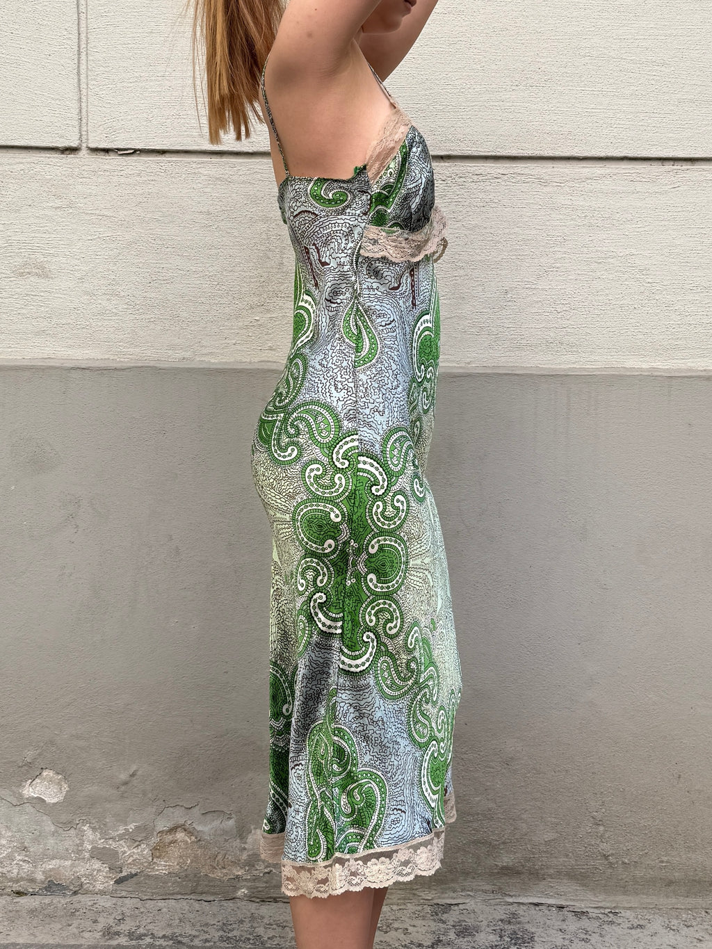 Vintage Y2K 100% Silk Paisley Lace Trim Midi Dress S/Petite