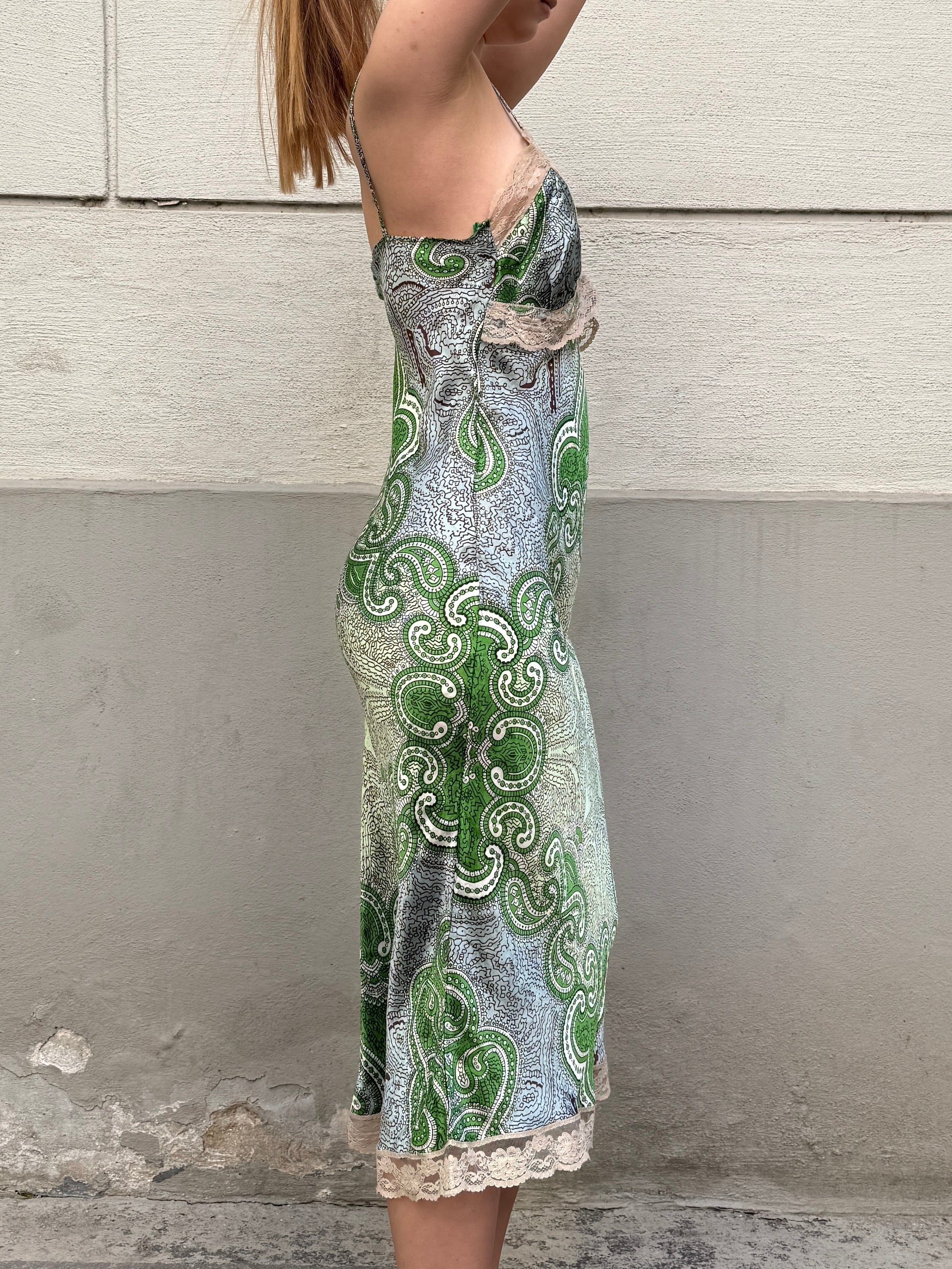 Vintage Y2K 100% Silk Paisley Lace Trim Midi Dress S/Petite