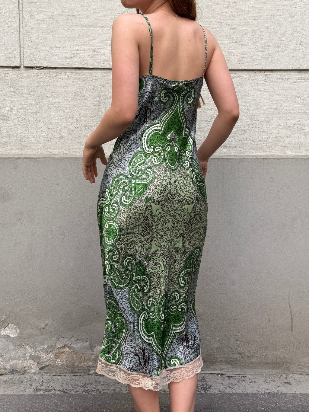 Vintage Y2K 100% Silk Paisley Lace Trim Midi Dress S/Petite
