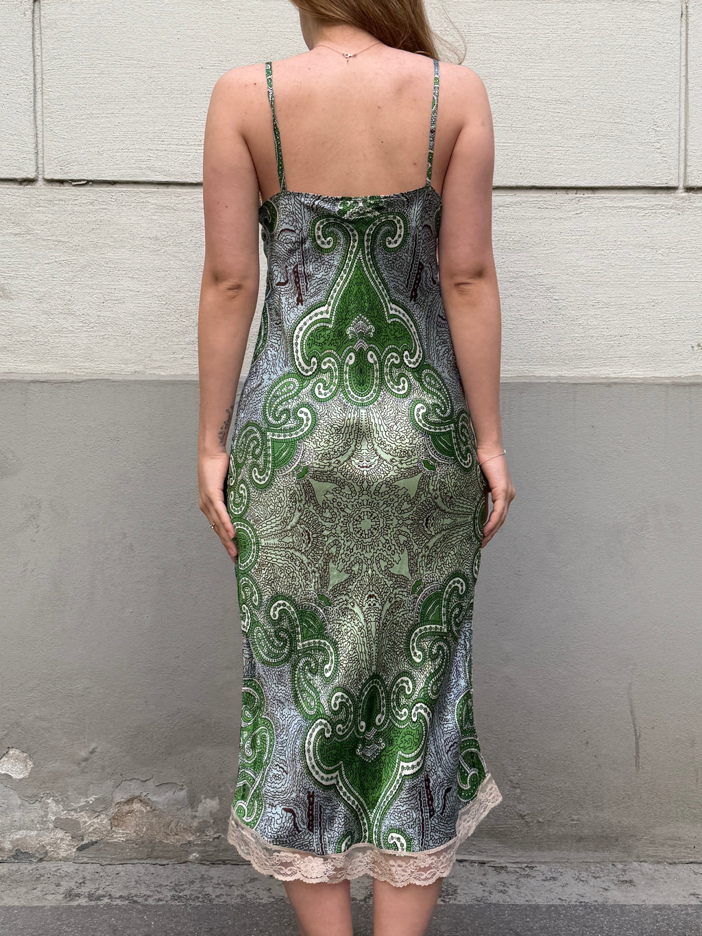 Vintage Y2K 100% Silk Paisley Lace Trim Midi Dress S/Petite