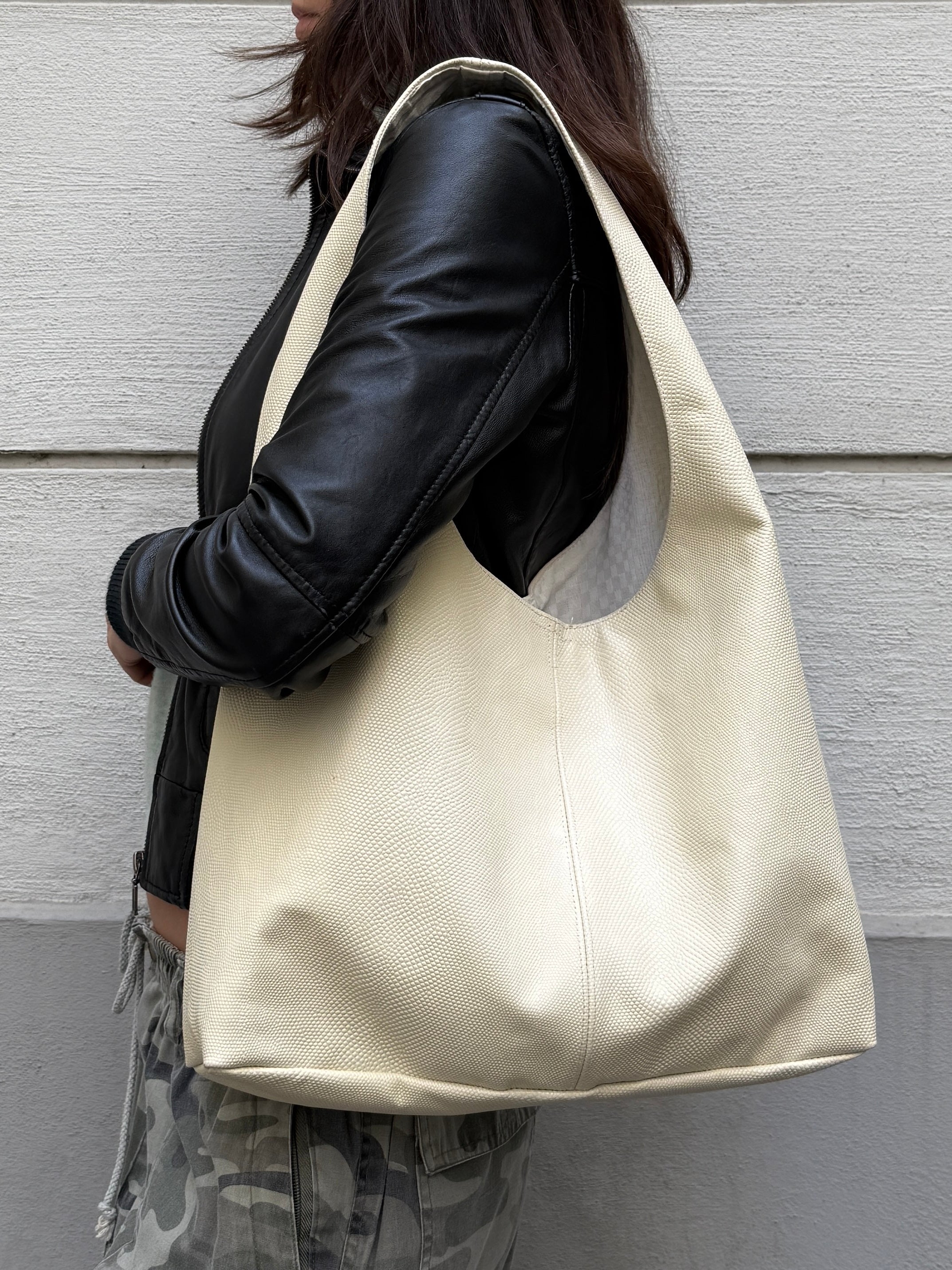 Off-White Cream Embossed 100% Genuine Leather Hobo Bag