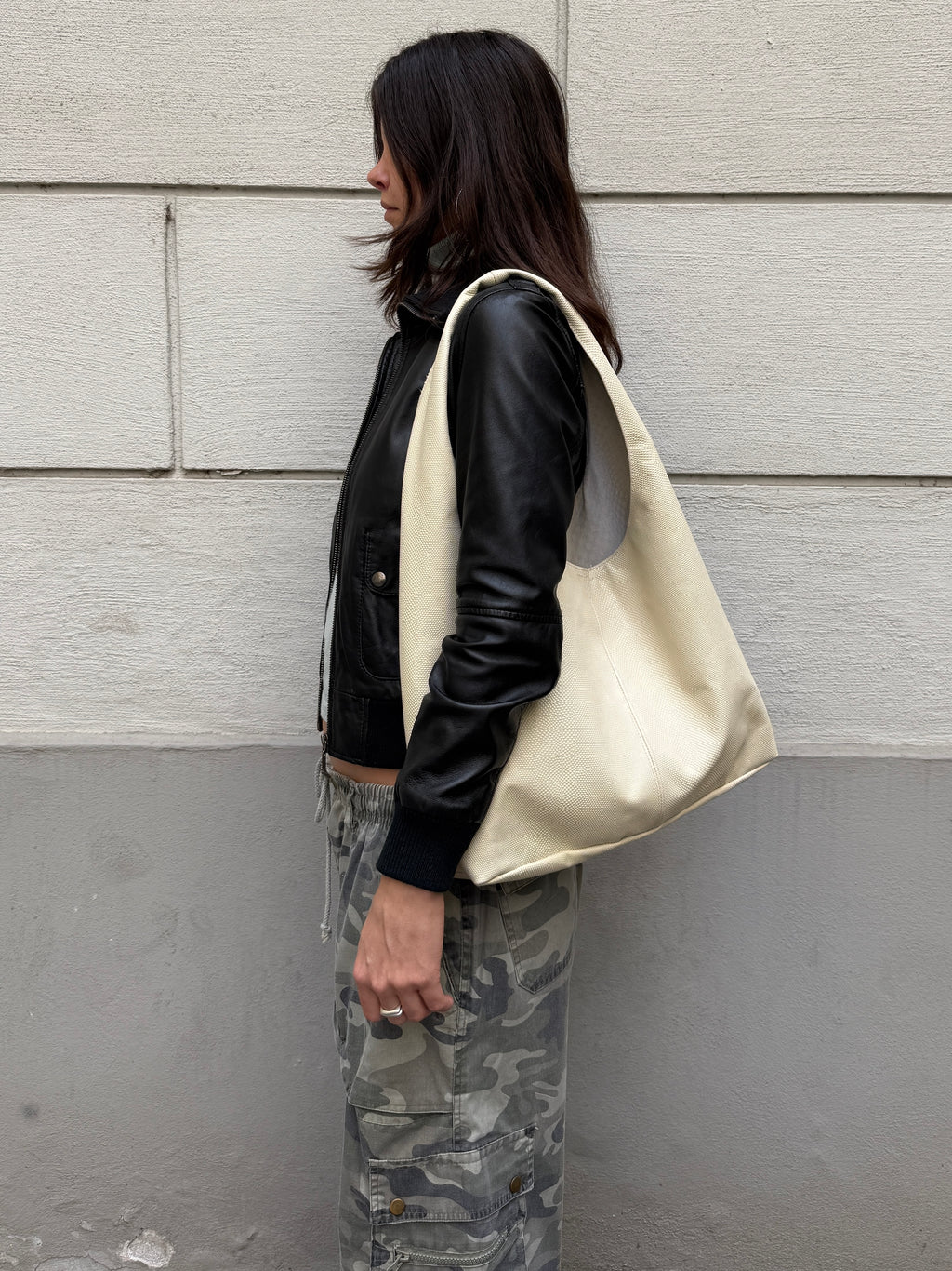 Off-White Cream Embossed 100% Genuine Leather Hobo Bag