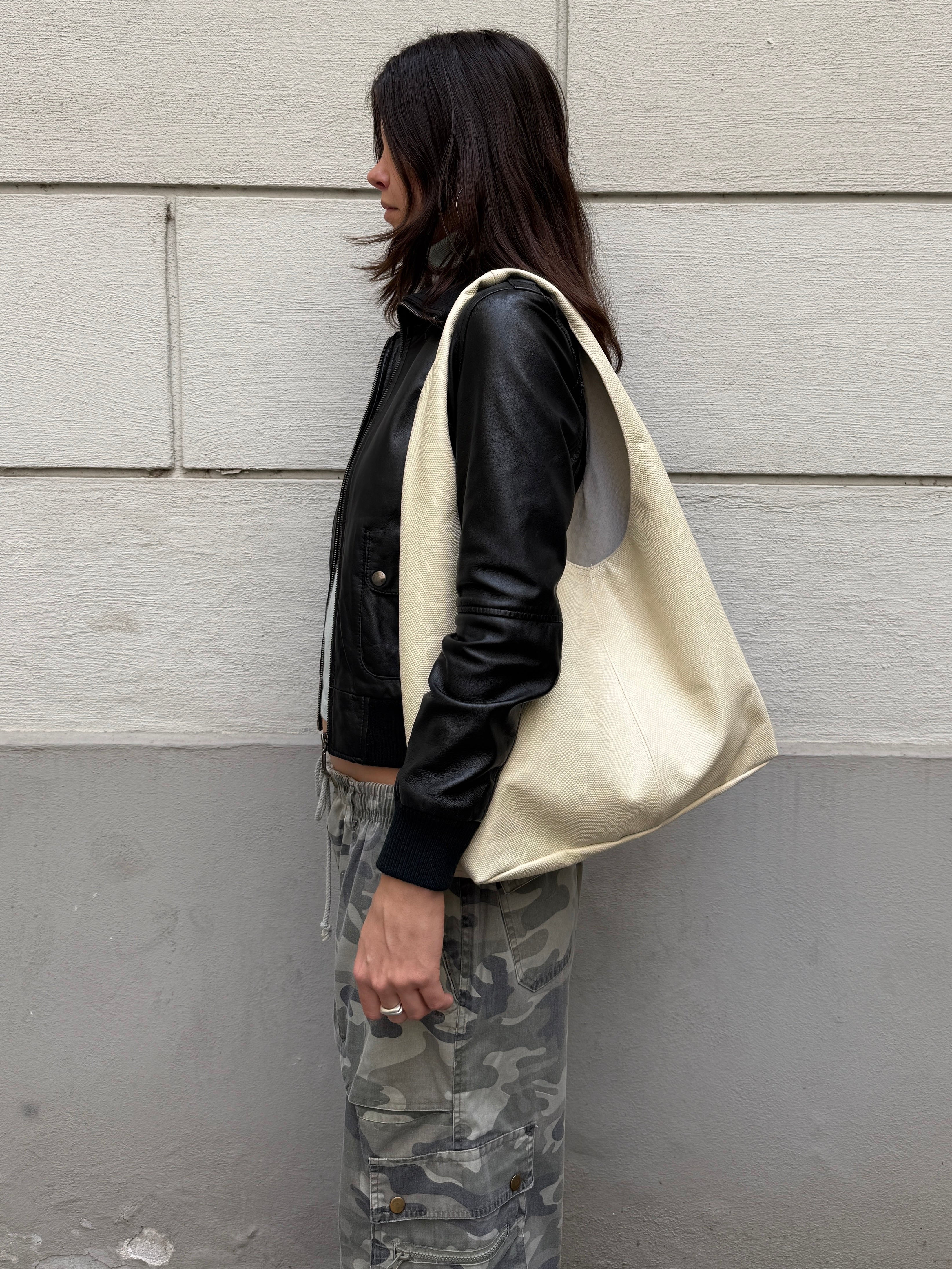 Off-White Cream Embossed 100% Genuine Leather Hobo Bag