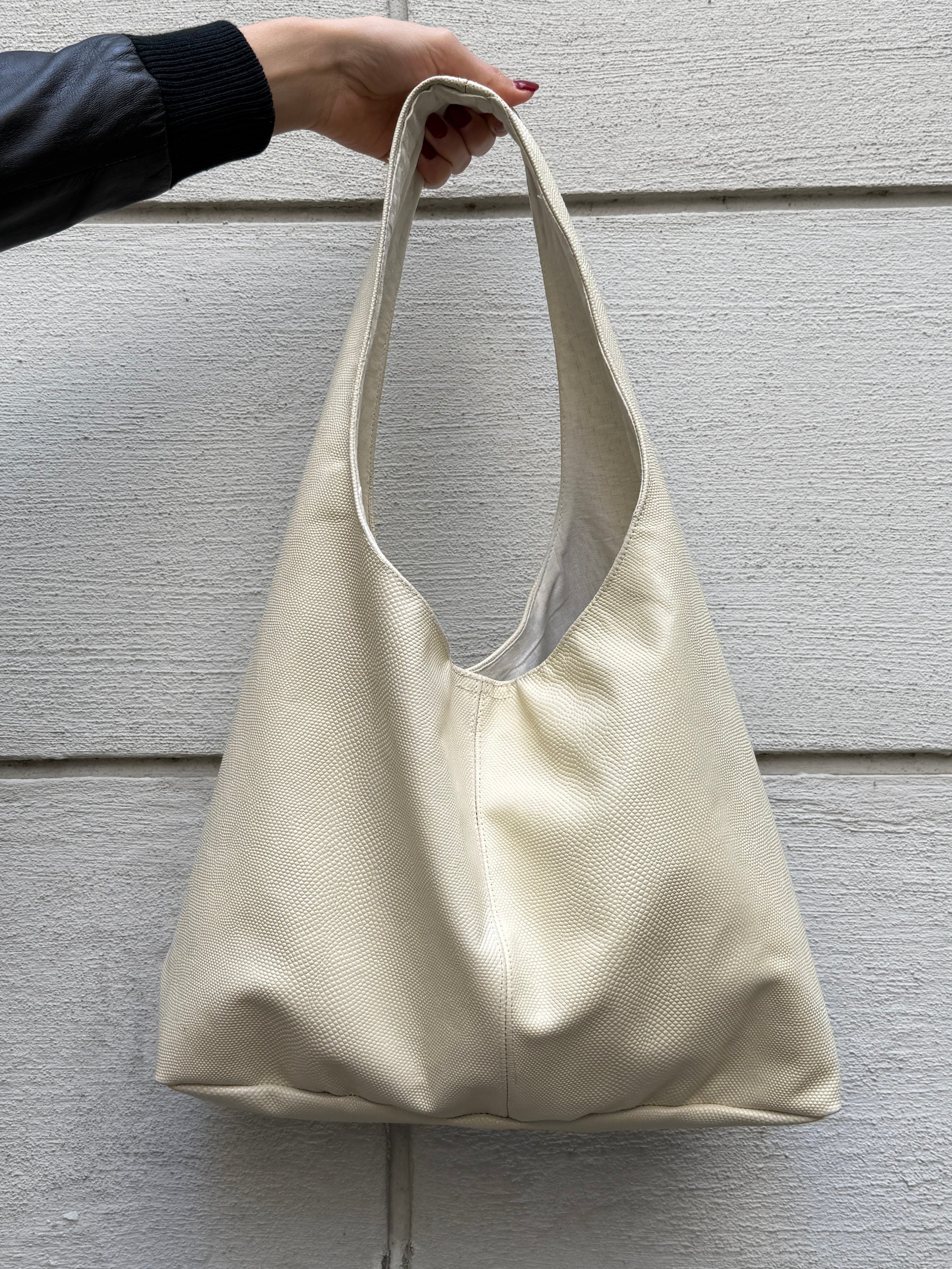 Off-White Cream Embossed 100% Genuine Leather Hobo Bag