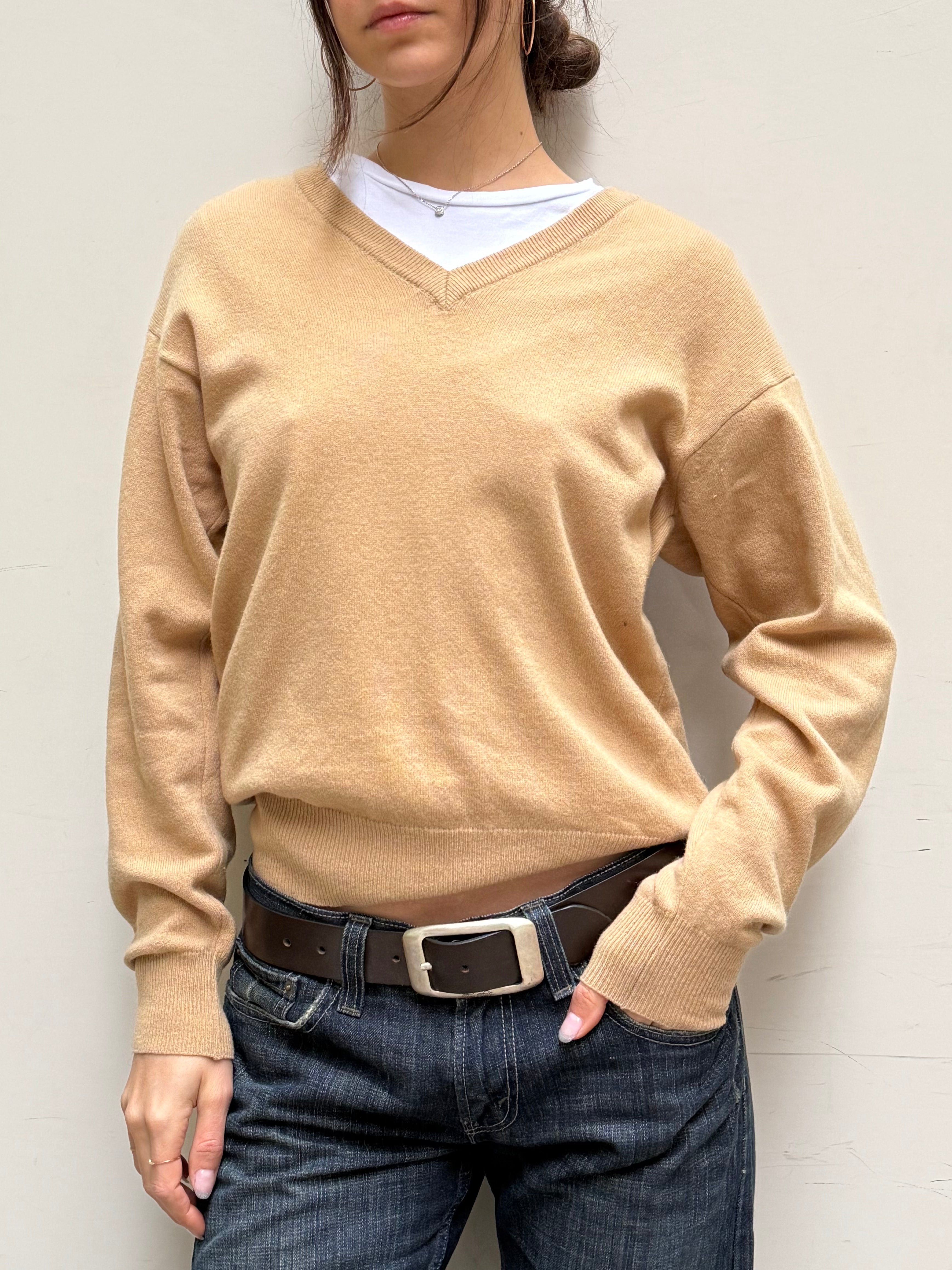 Vintage 100% Wool Camel V-Neck Sweater M