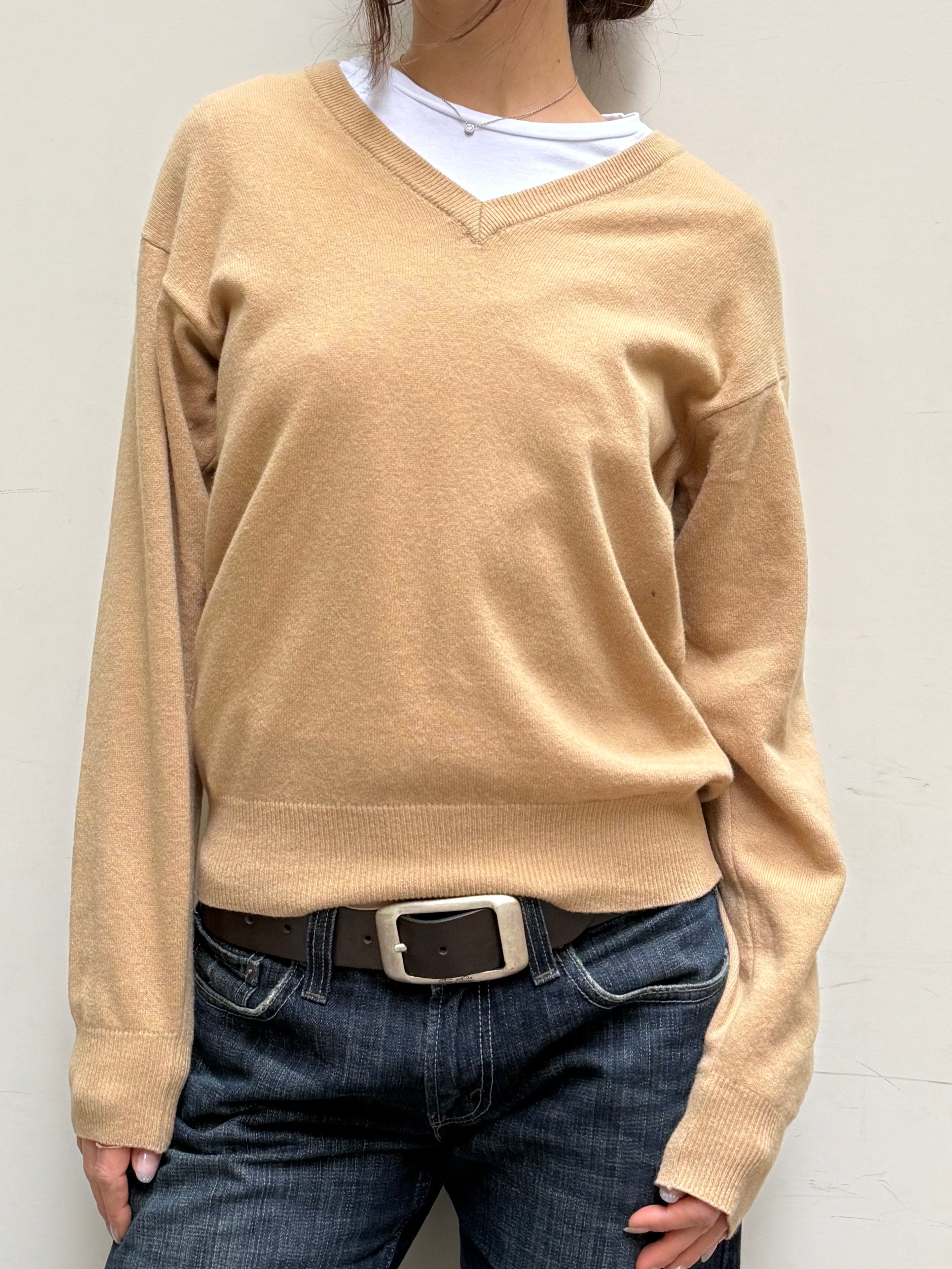Vintage 100% Wool Camel V-Neck Sweater M