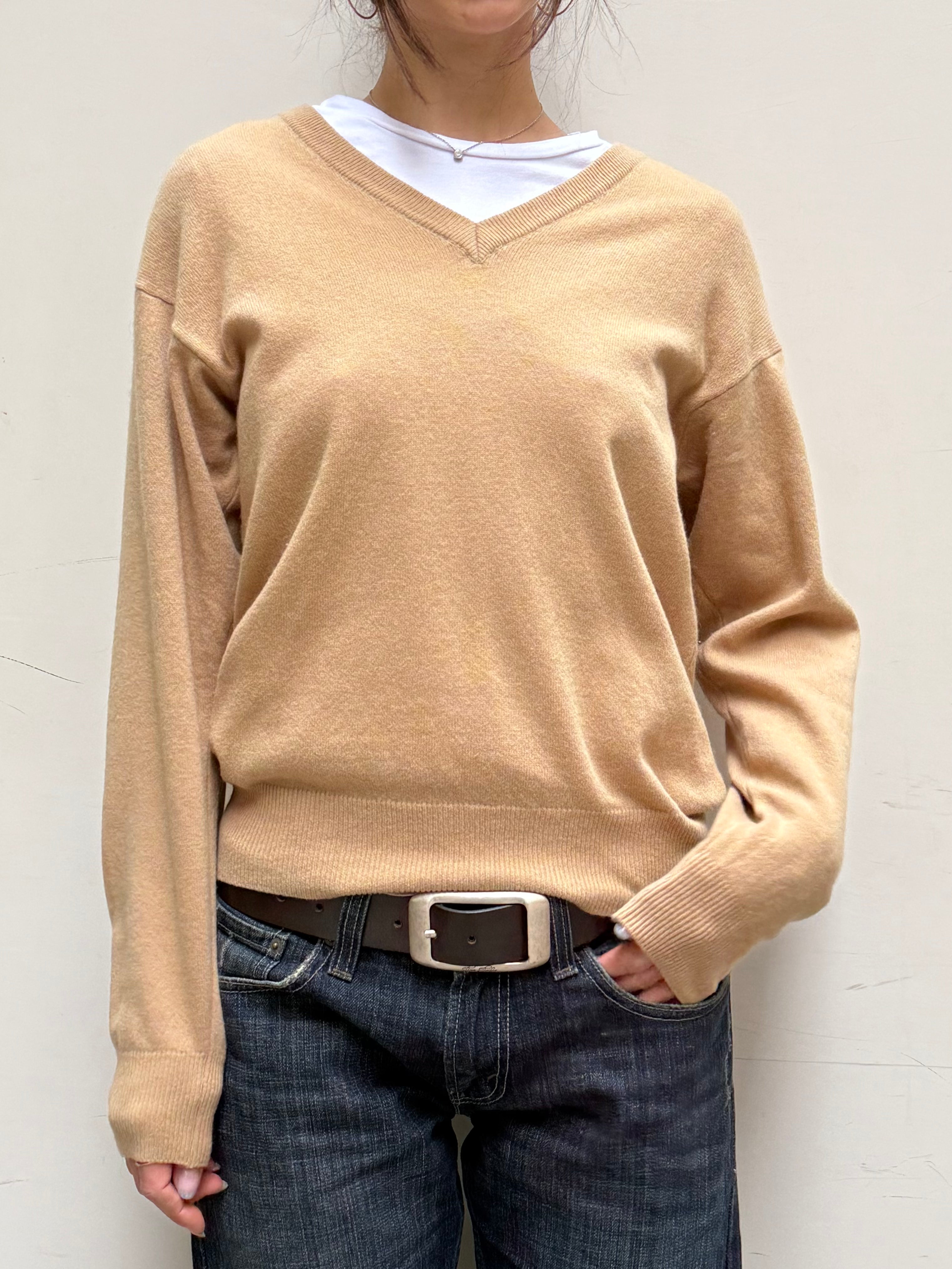 Vintage 100% Wool Camel V-Neck Sweater M