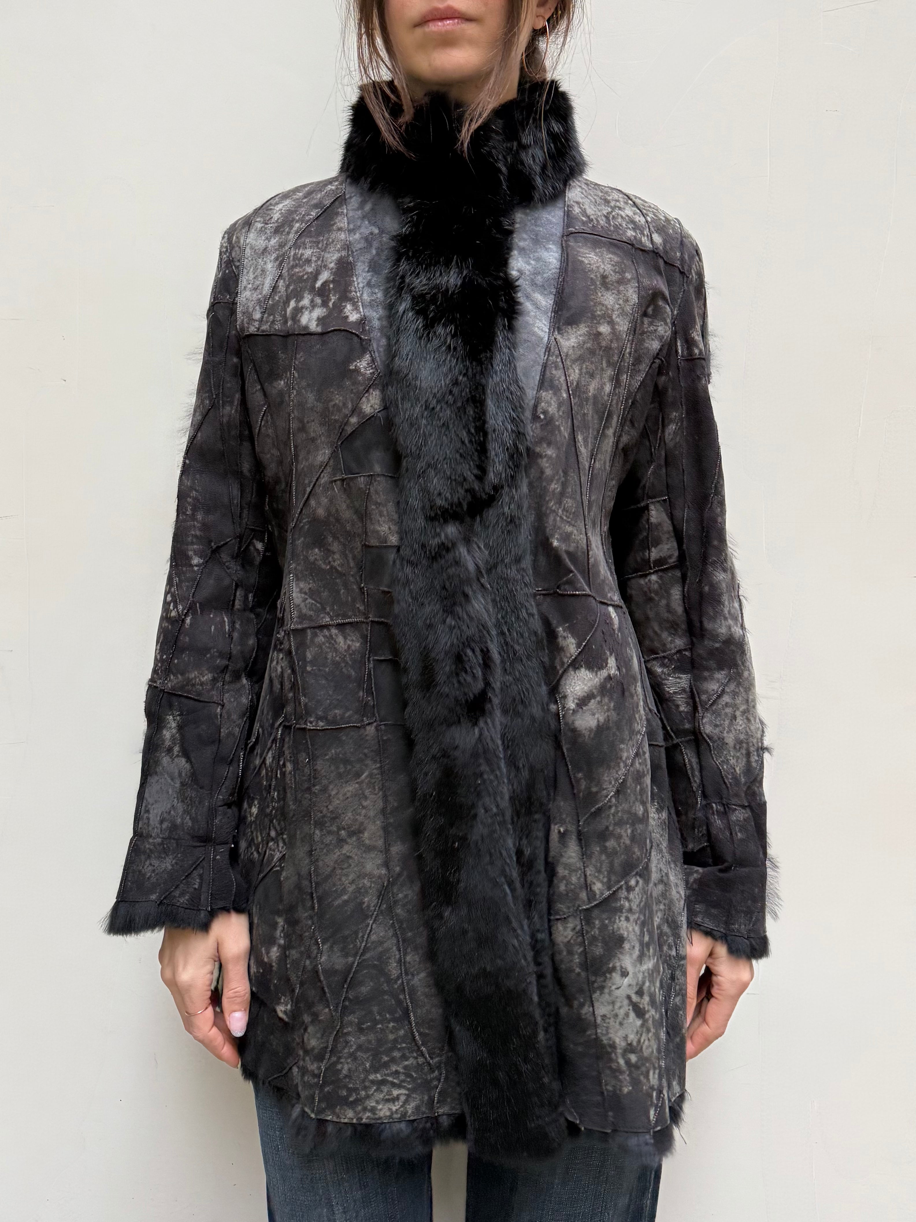 Vintage 100% Rabbit Fur Avant Garde Black Gray Style Coat/Jacket S