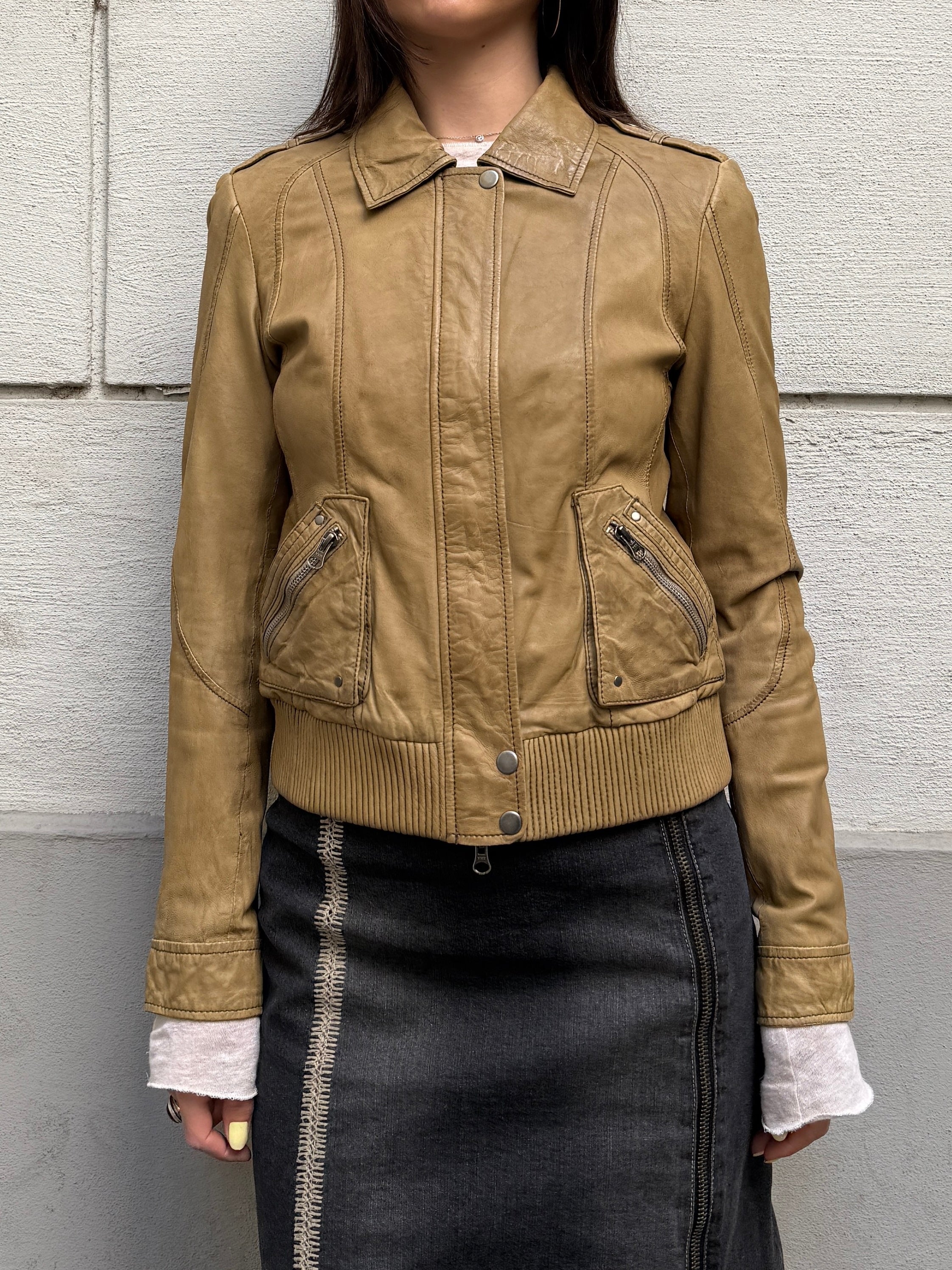 Vintage 100% Genuine Leather Tan Bomber Jacket S