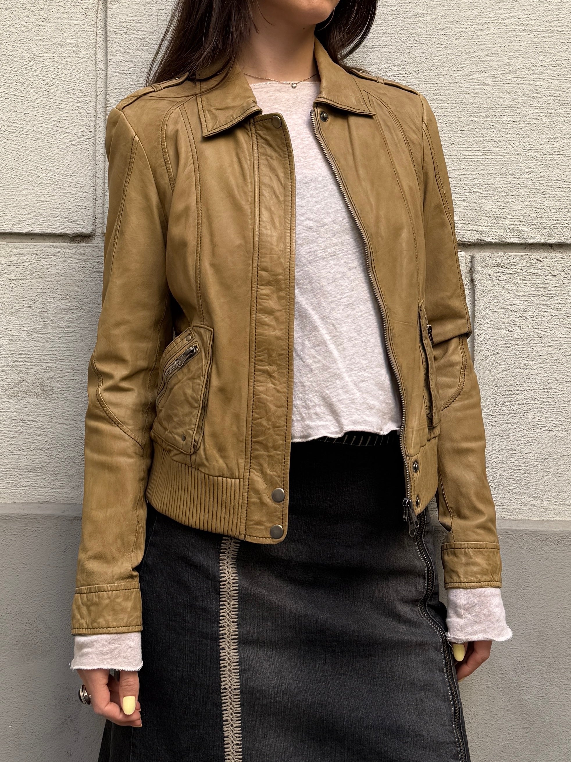 Vintage 100% Genuine Leather Tan Bomber Jacket S