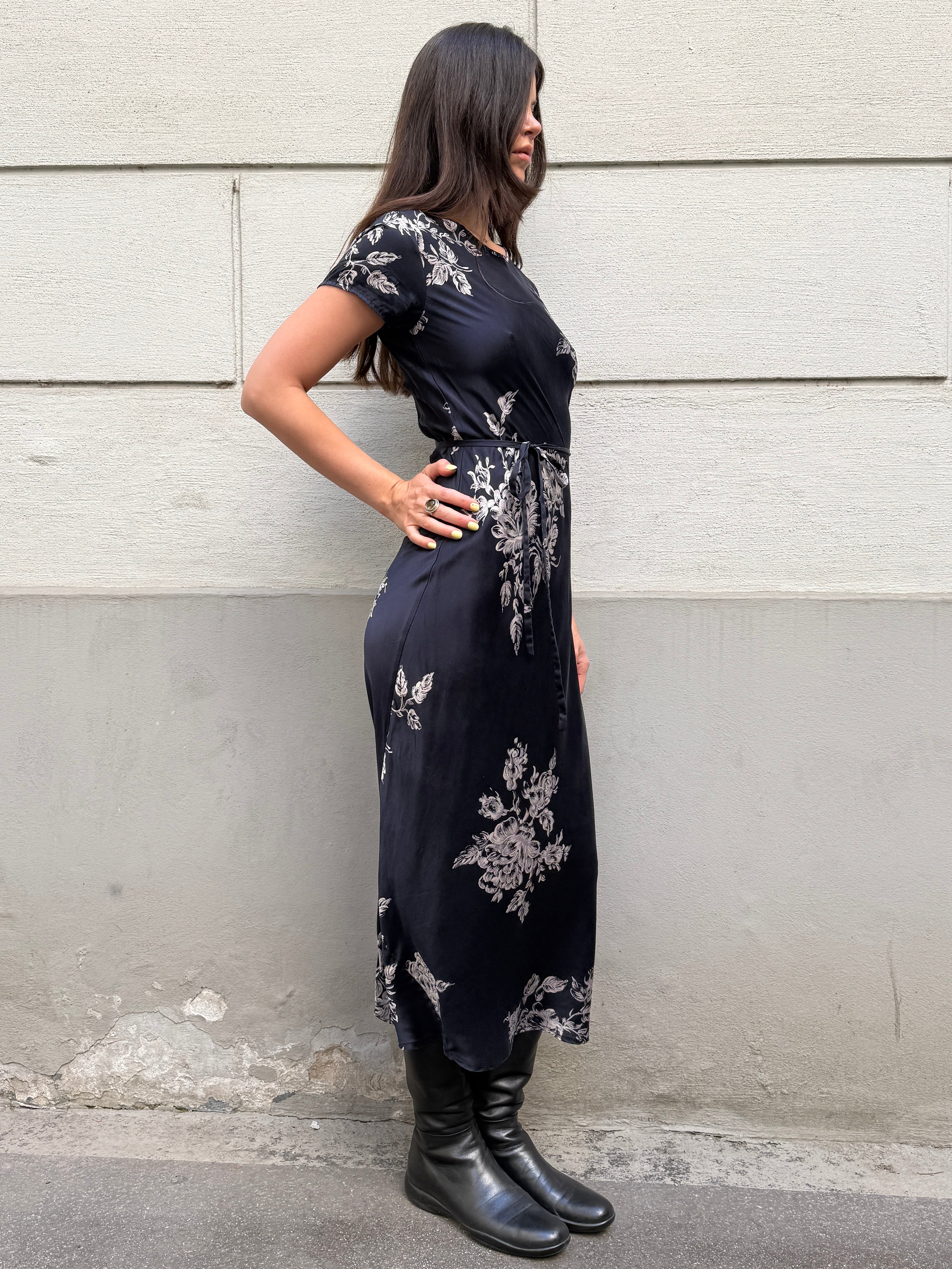 Vintage 100% Silk Floral Midi Dress S