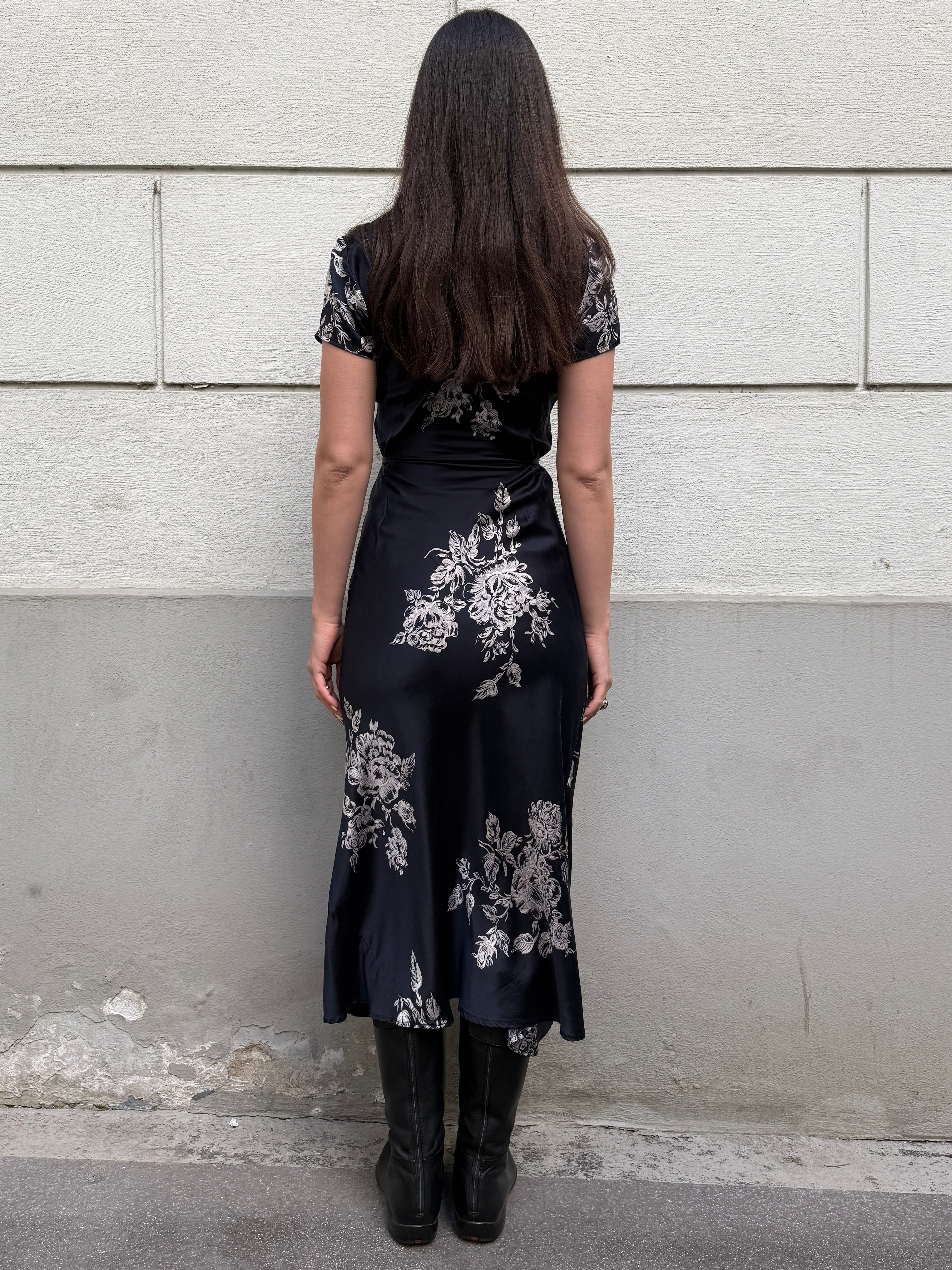 Vintage 100% Silk Floral Midi Dress S