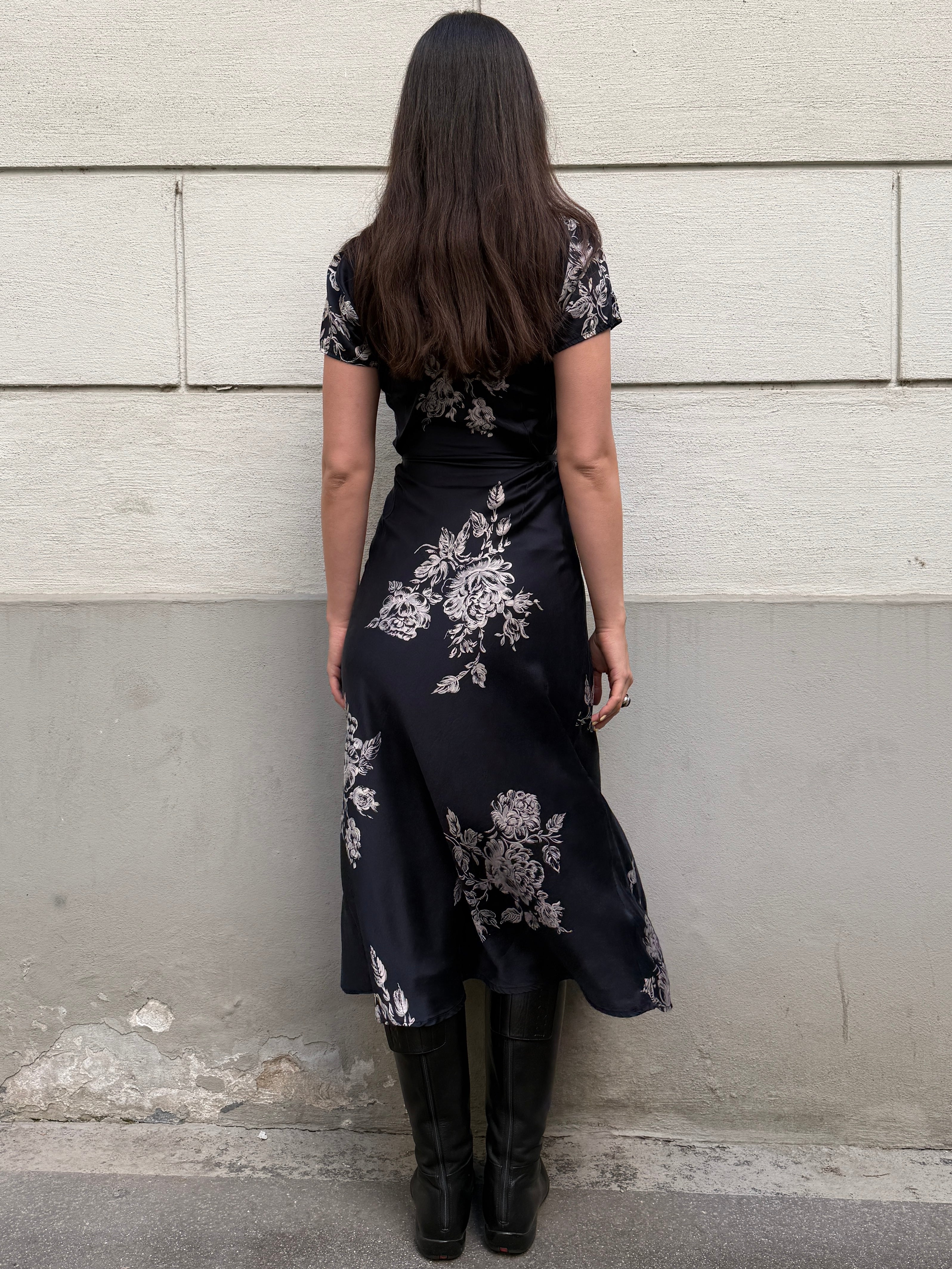 Vintage 100% Silk Floral Midi Dress S